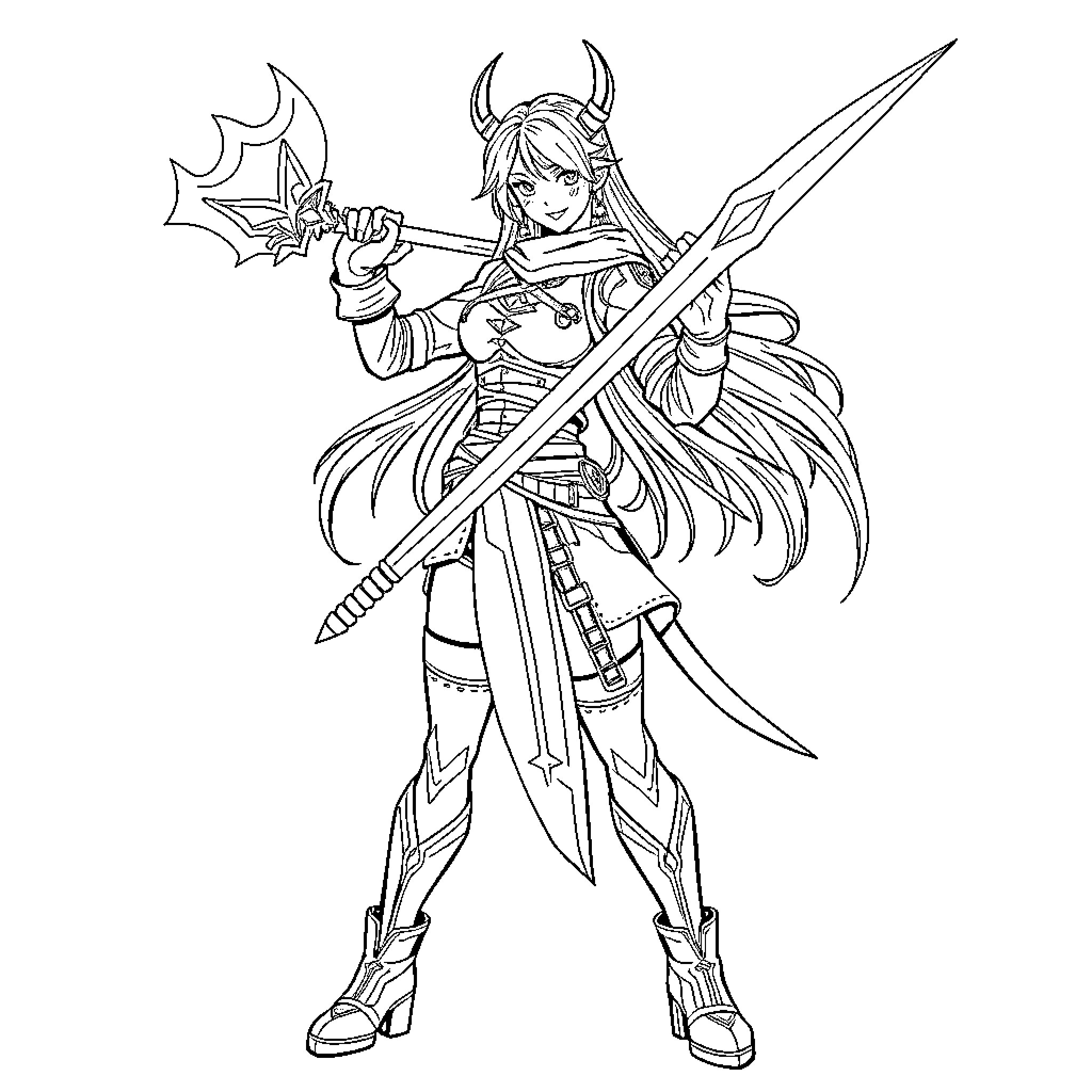 Rumi, the Armored Warrior Maiden with a Sword Coloring Page (free black-and-white line drawing printable PDF for all, from beginners to advanced learners, including children, teens, adults, and seniors)