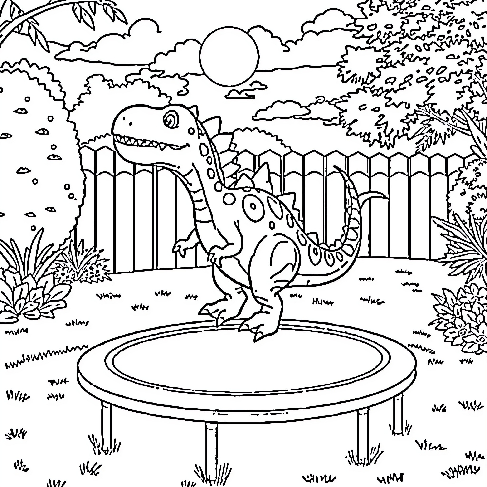Dinosaur playing happily on a trampoline in the backyard Coloring Page (free black-and-white line drawing printable PDF for all, from beginners to advanced learners, including children, teens, adults, and seniors)
