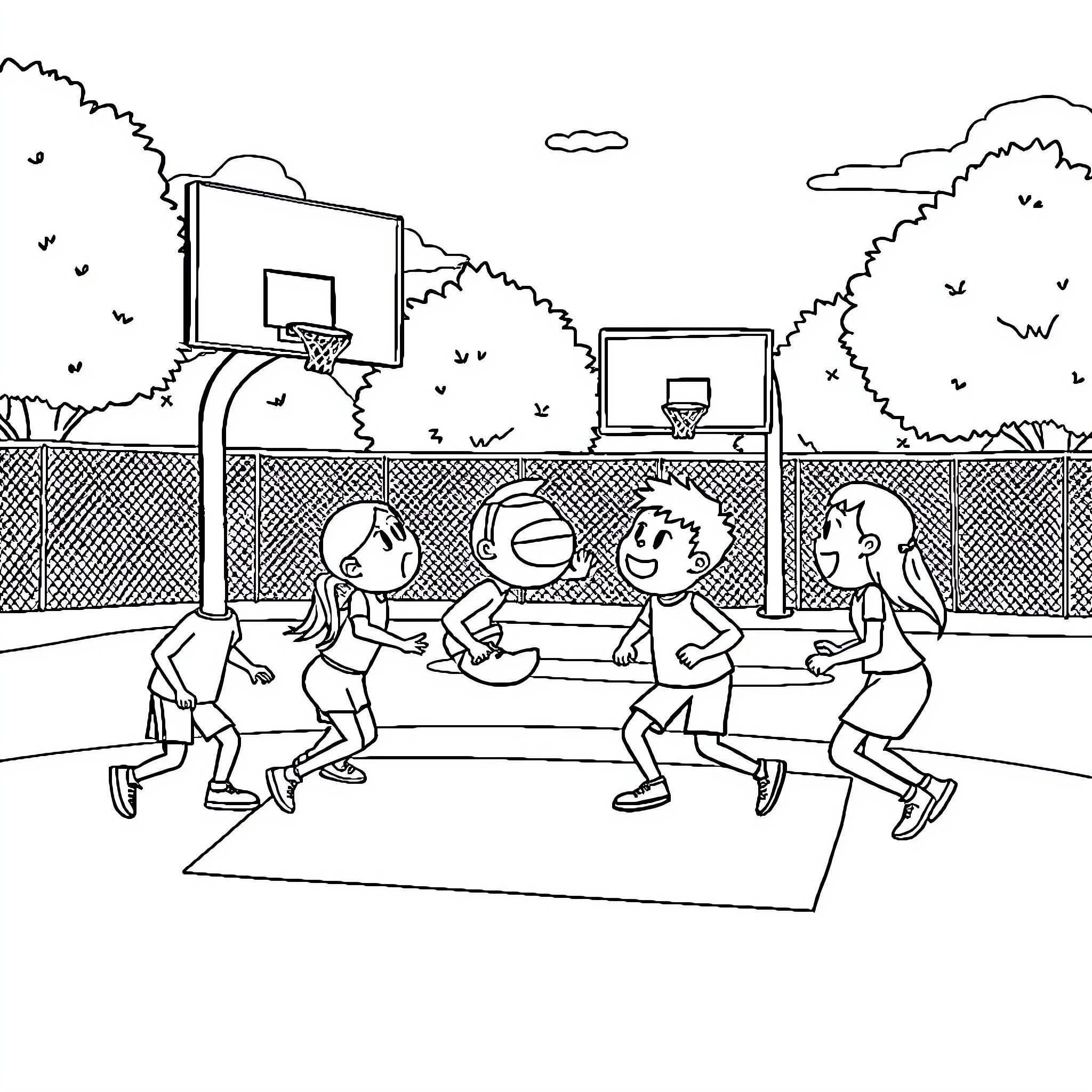 Among Us Characters Playing Basketball on the Court Coloring Page (free black-and-white line drawing printable PDF for all, from beginners to advanced learners, including children, teens, adults, and seniors)