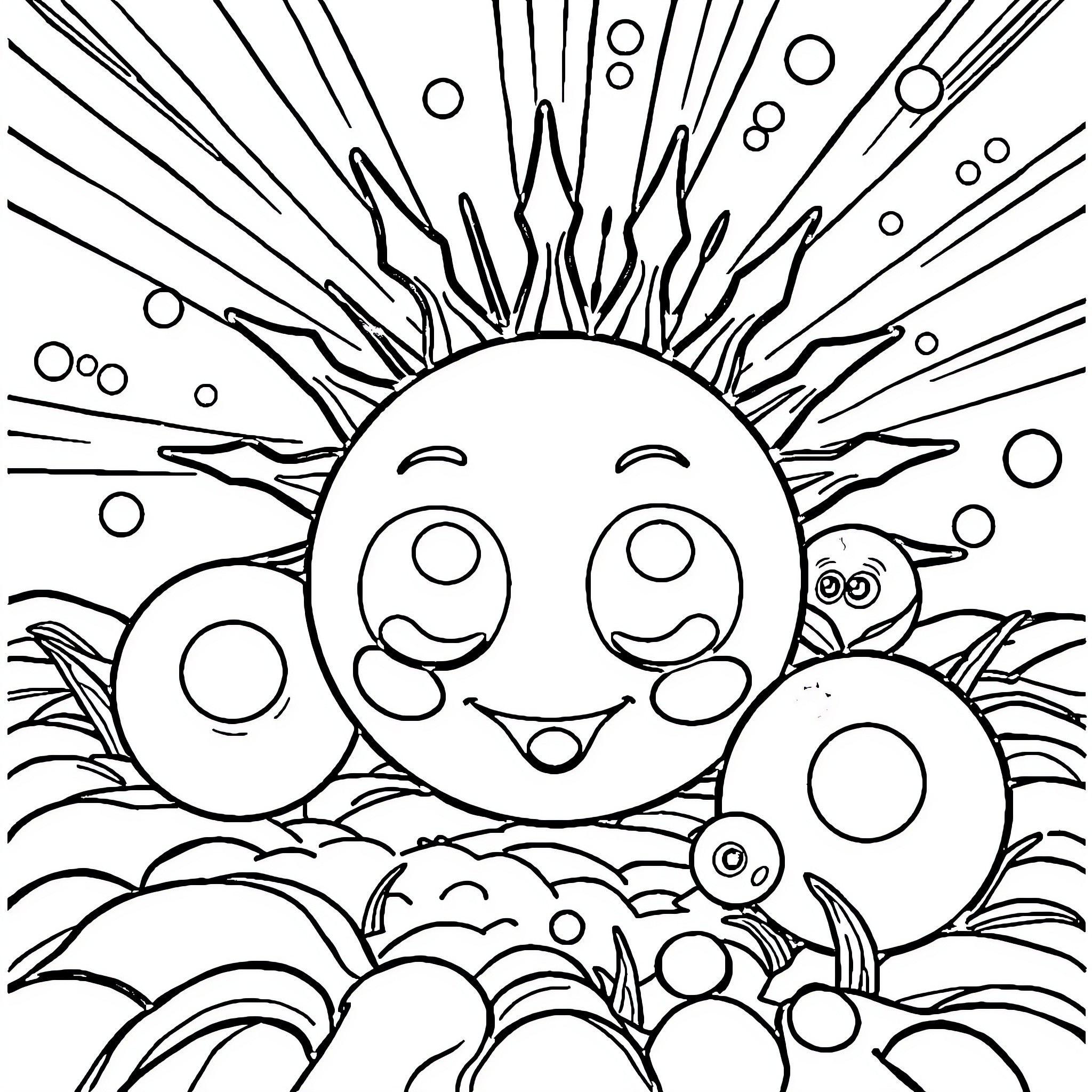 Solar Ball Enjoying a Playful Day Coloring Page (free black-and-white line drawing printable PDF for all, from beginners to advanced learners, including children, teens, adults, and seniors)