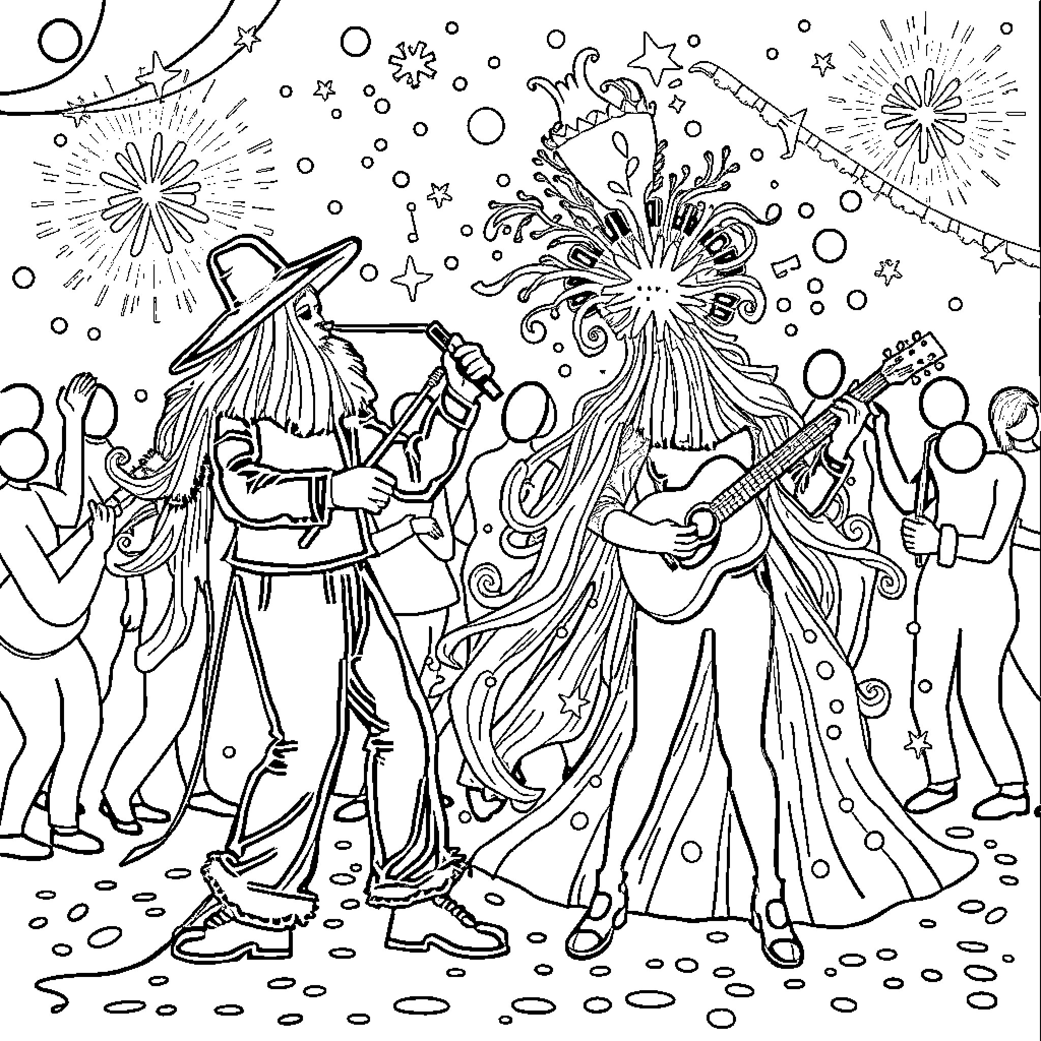 Giant Festive Celebration with Music and Fireworks Coloring Page (free black-and-white line drawing printable PDF for all, from beginners to advanced learners, including children, teens, adults, and seniors)