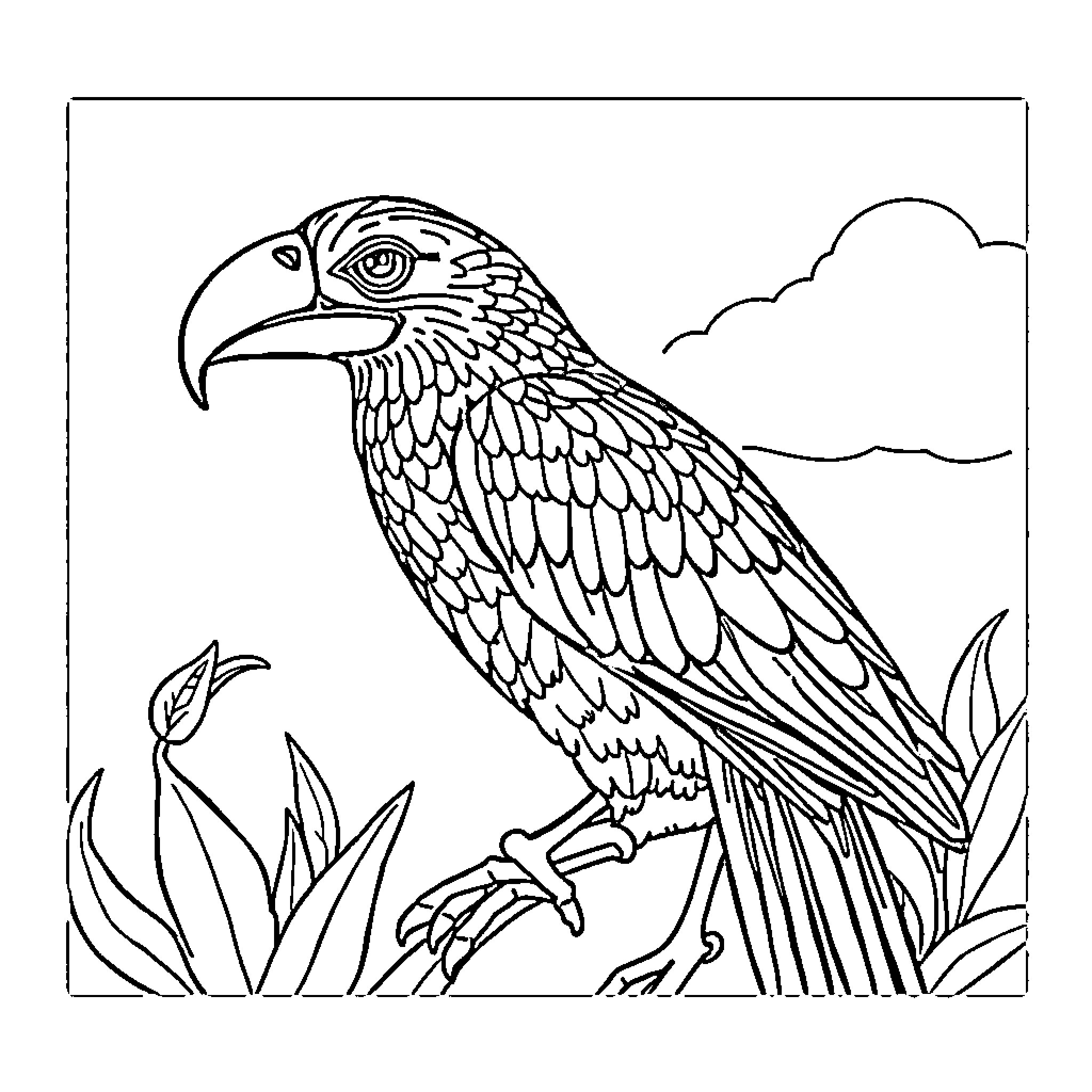 Abóbora: Majestic eagle in natural habitat Coloring Page (free black-and-white line drawing printable PDF for all, from beginners to advanced learners, including children, teens, adults, and seniors)