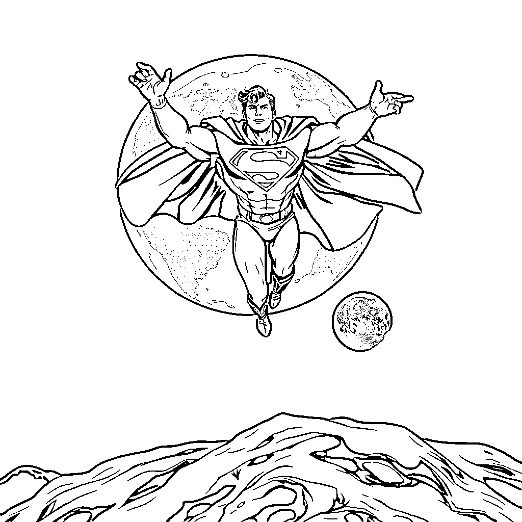 Superman Soaring Over the Earth Coloring Page (free black-and-white line drawing printable PDF for all, from beginners to advanced learners, including children, teens, adults, and seniors)