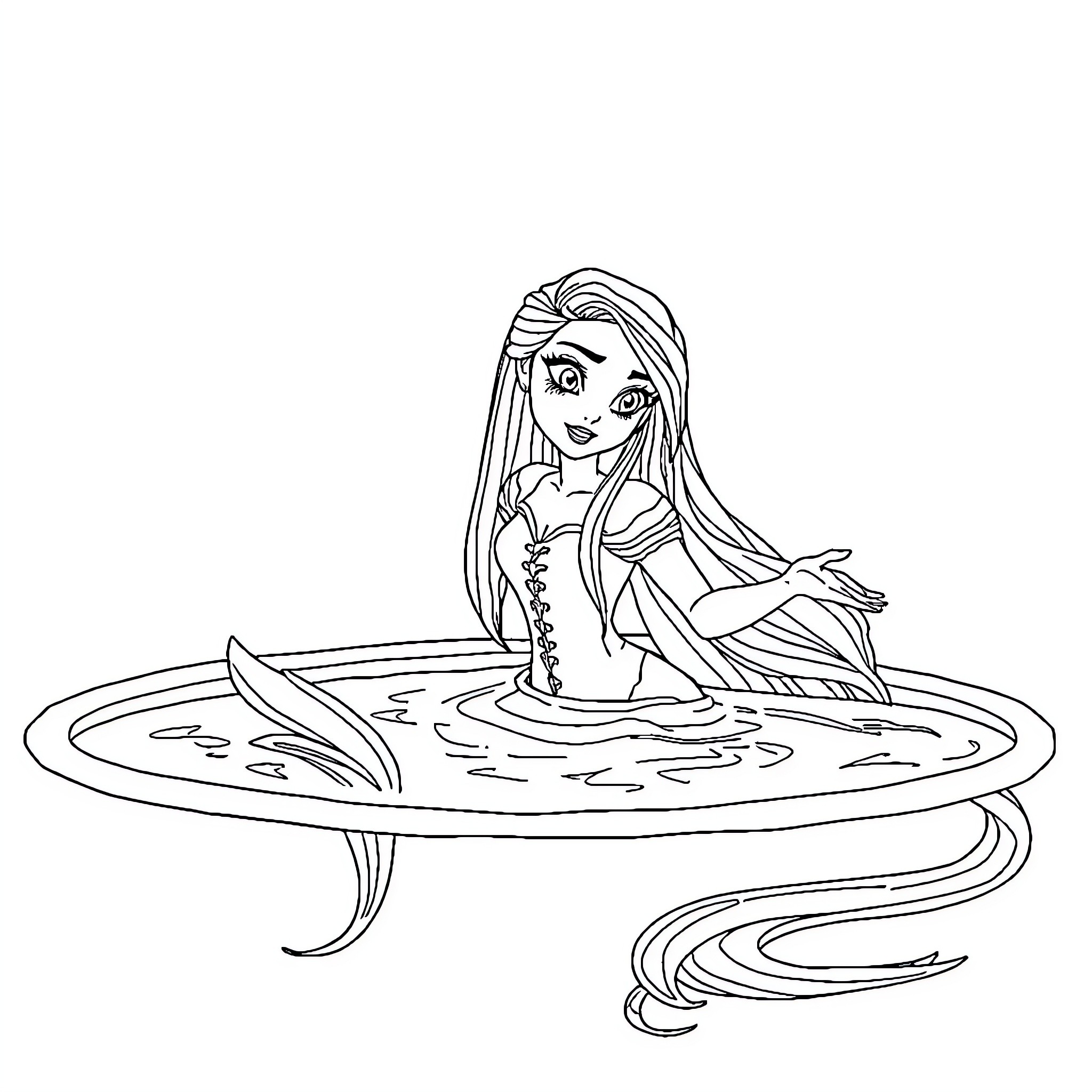 Rapunzel relaxing in a magical pond Coloring Page (free black-and-white line drawing printable PDF for all, from beginners to advanced learners, including children, teens, adults, and seniors)