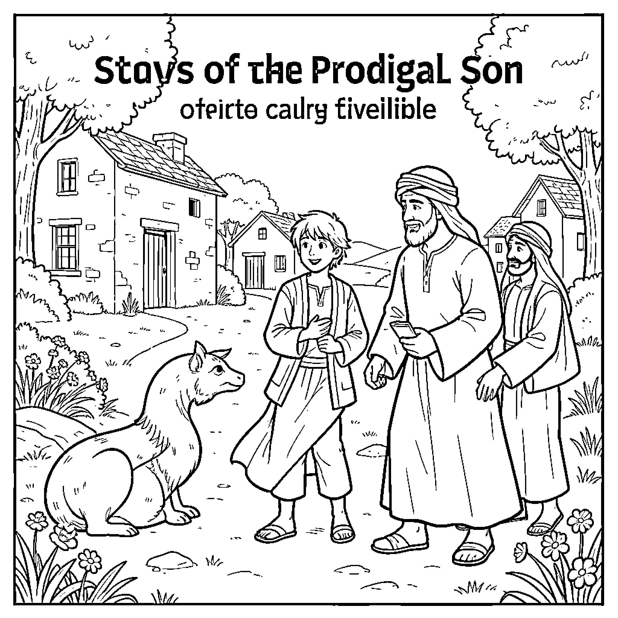 Prodigal Son returning home to meet his father Coloring Page (free black-and-white line drawing printable PDF for all, from beginners to advanced learners, including children, teens, adults, and seniors)