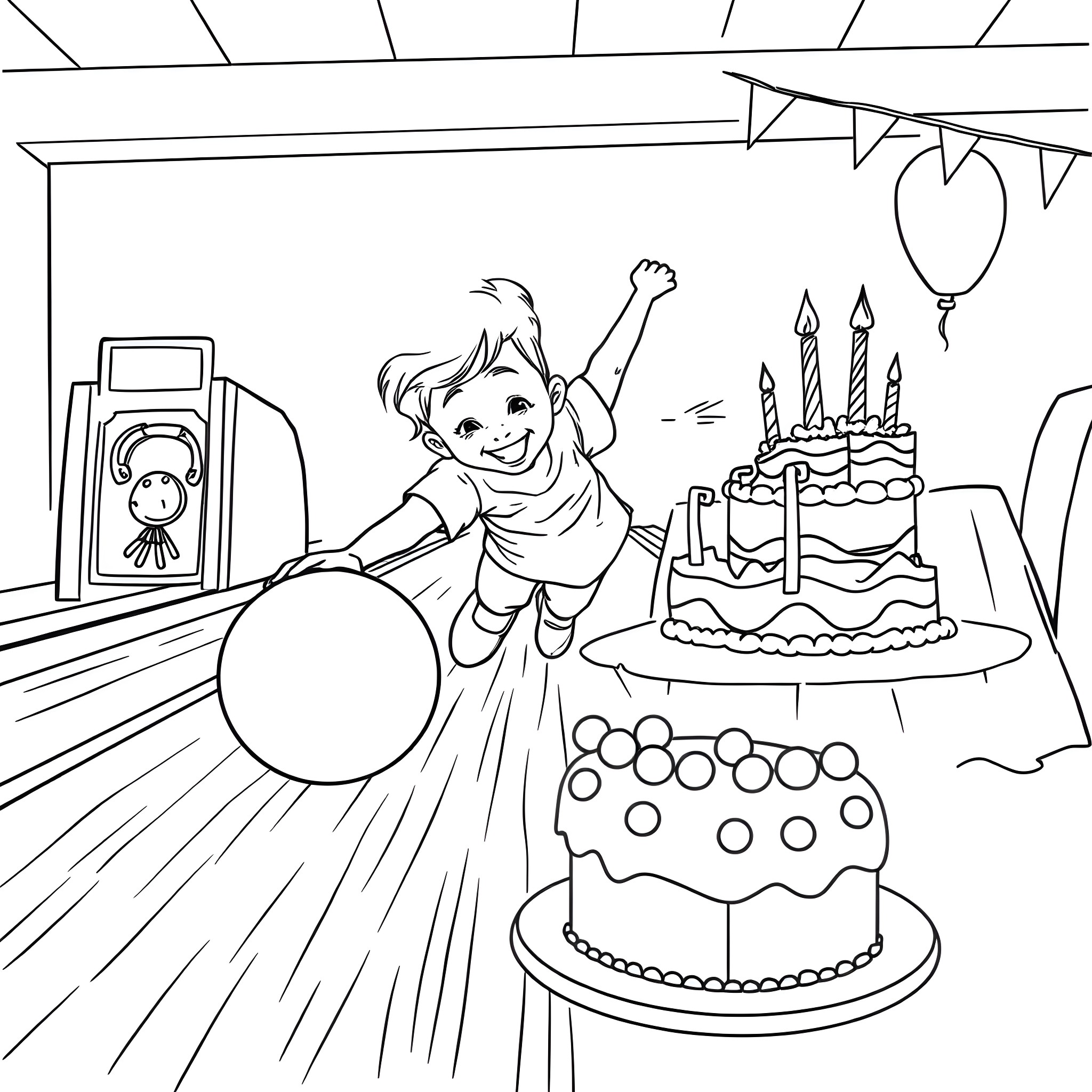 Child Celebrates Birthday with Cake and Balloons Coloring Page (free black-and-white line drawing printable PDF for all, from beginners to advanced learners, including children, teens, adults, and seniors)
