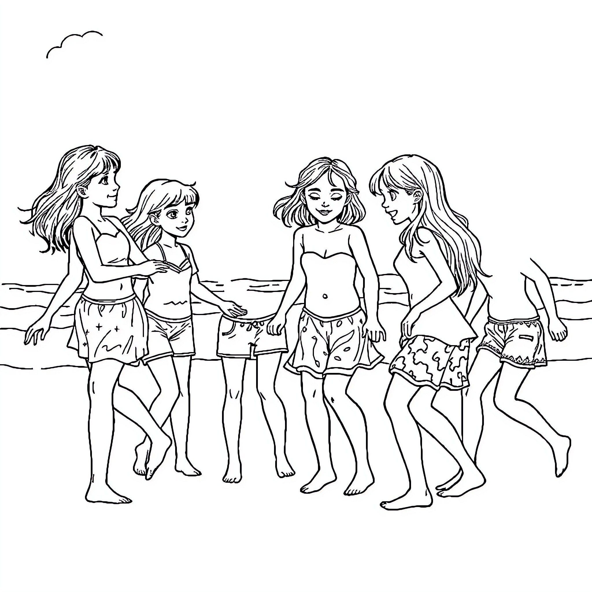 Girls enjoying a day at the beach Coloring Page (free black-and-white line drawing printable PDF for all, from beginners to advanced learners, including children, teens, adults, and seniors)