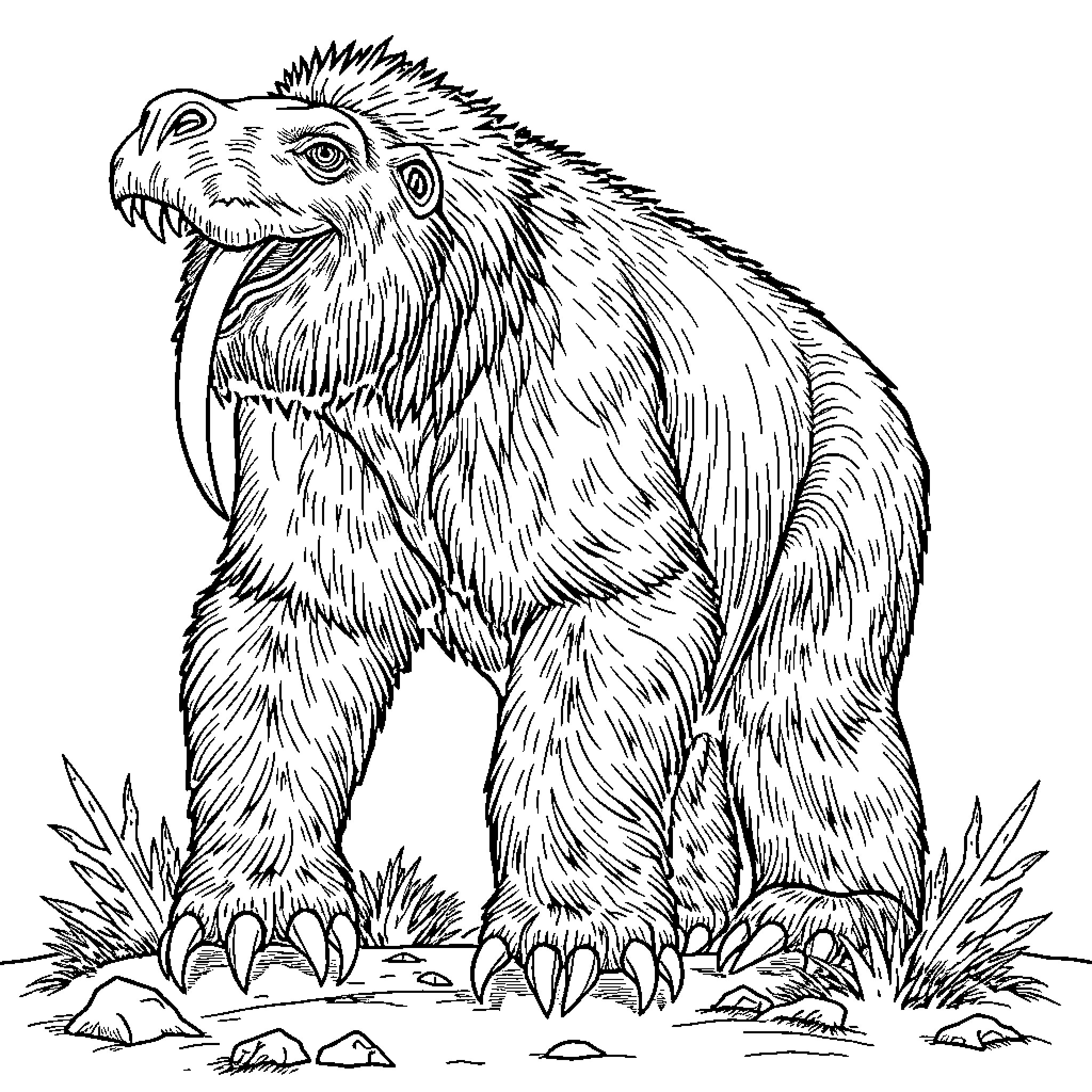 Megatherium roaming prehistoric landscape Coloring Page (free black-and-white line drawing printable PDF for all, from beginners to advanced learners, including children, teens, adults, and seniors)