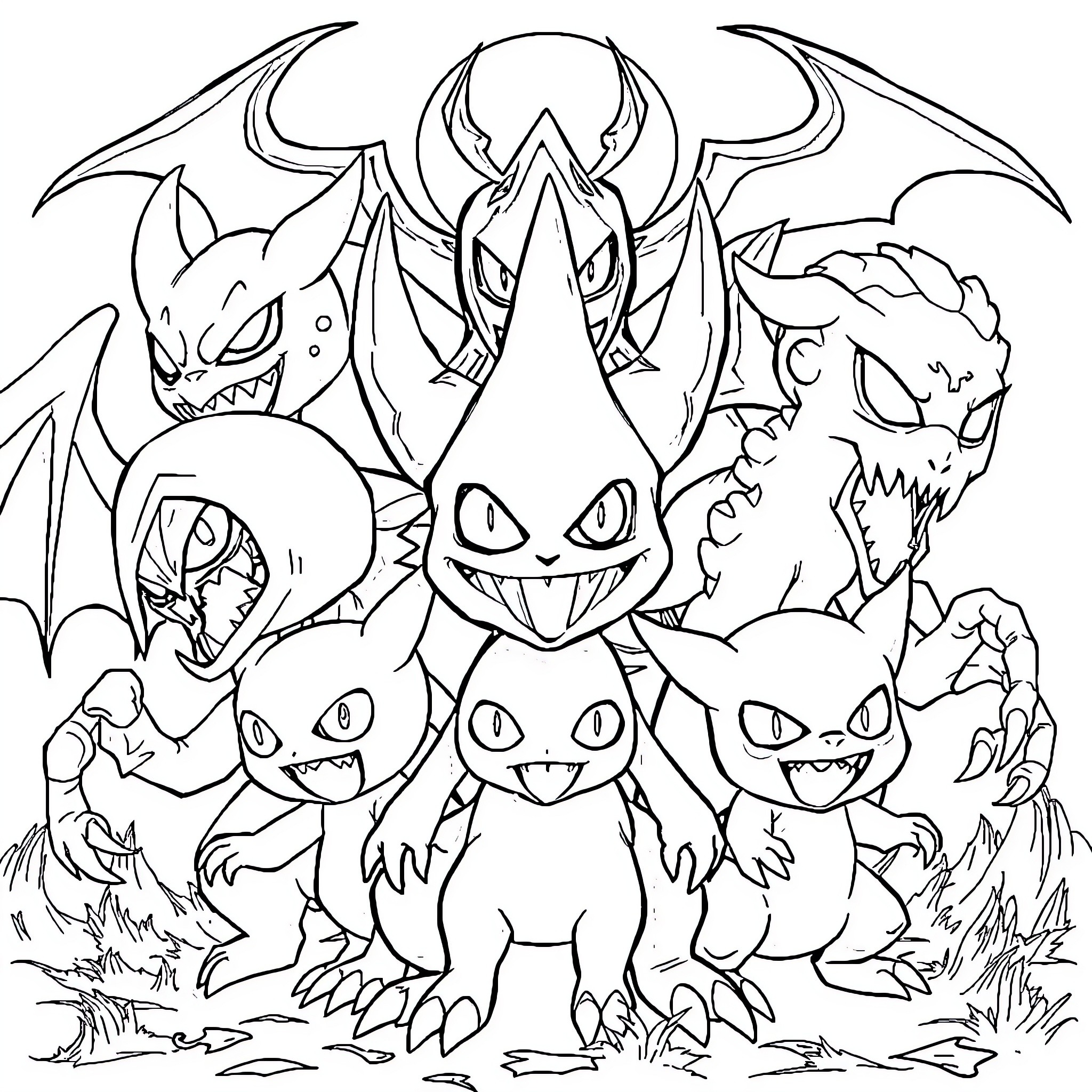 Pokémon Creatures in Fearsome Poses Coloring Page (free black-and-white line drawing printable PDF for all, from beginners to advanced learners, including children, teens, adults, and seniors)
