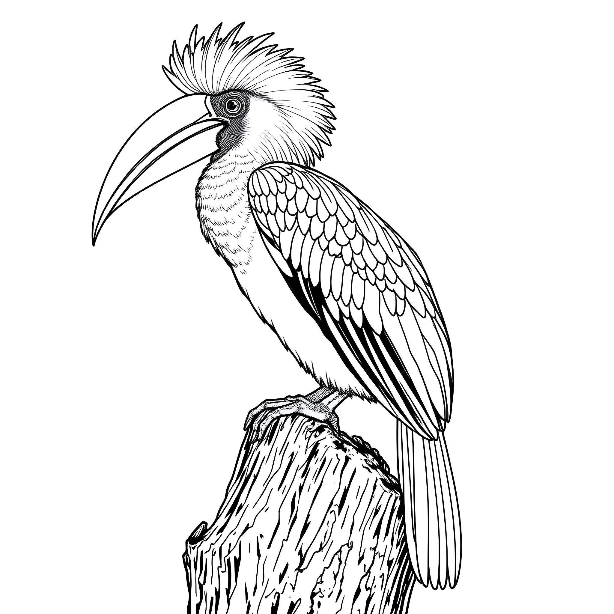 Hornbill standing proudly on a perch Coloring Page (free black-and-white line drawing printable PDF for all, from beginners to advanced learners, including children, teens, adults, and seniors)