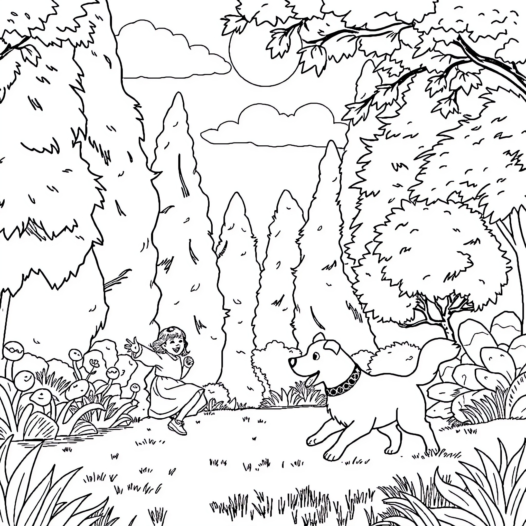 Daughter exploring the enchanted forest with animals Coloring Page (free black-and-white line drawing printable PDF for all, from beginners to advanced learners, including children, teens, adults, and seniors)