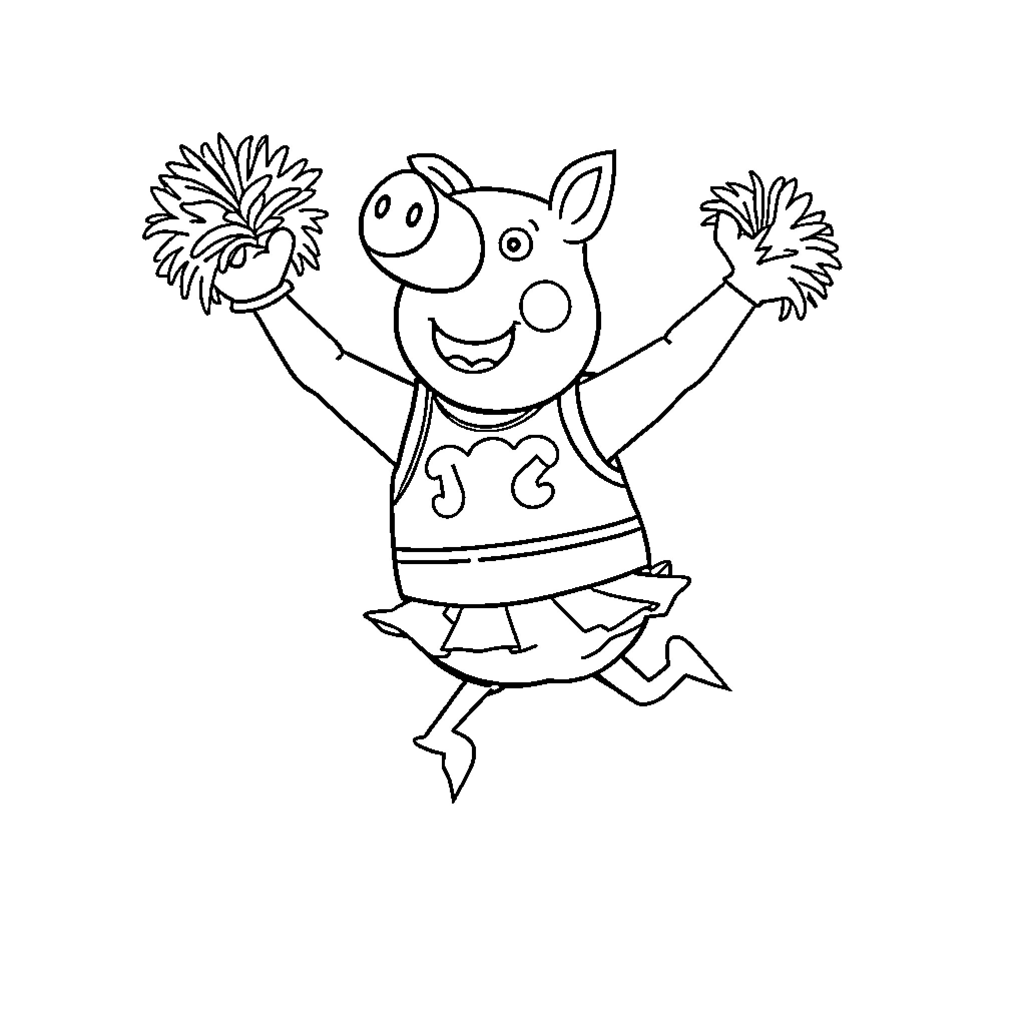 Daddy Pig cheering excitedly with pom-poms Coloring Page (free black-and-white line drawing printable PDF for all, from beginners to advanced learners, including children, teens, adults, and seniors)