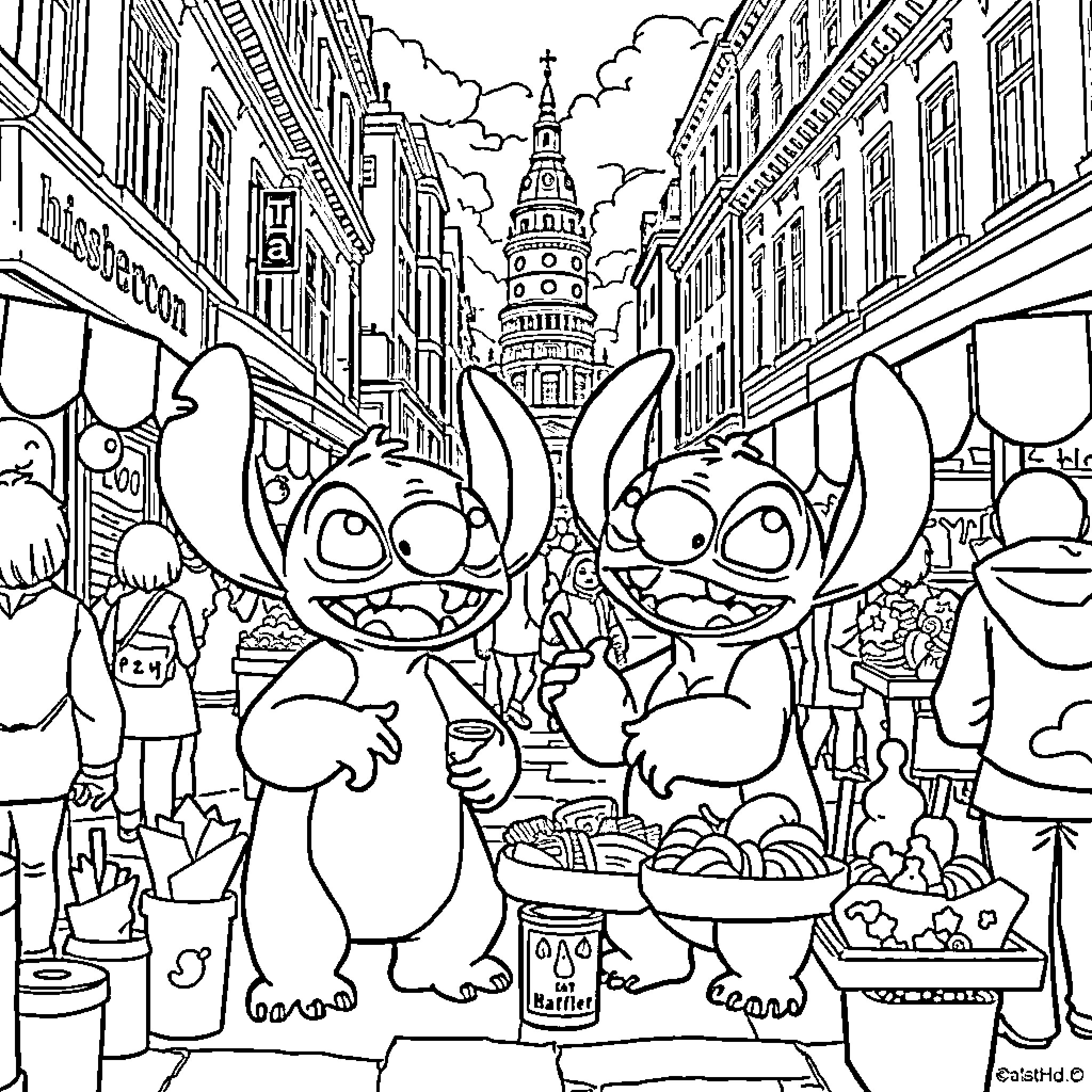 Lilo's Adventure in the Vibrant City Coloring Page (free black-and-white line drawing printable PDF for all, from beginners to advanced learners, including children, teens, adults, and seniors)
