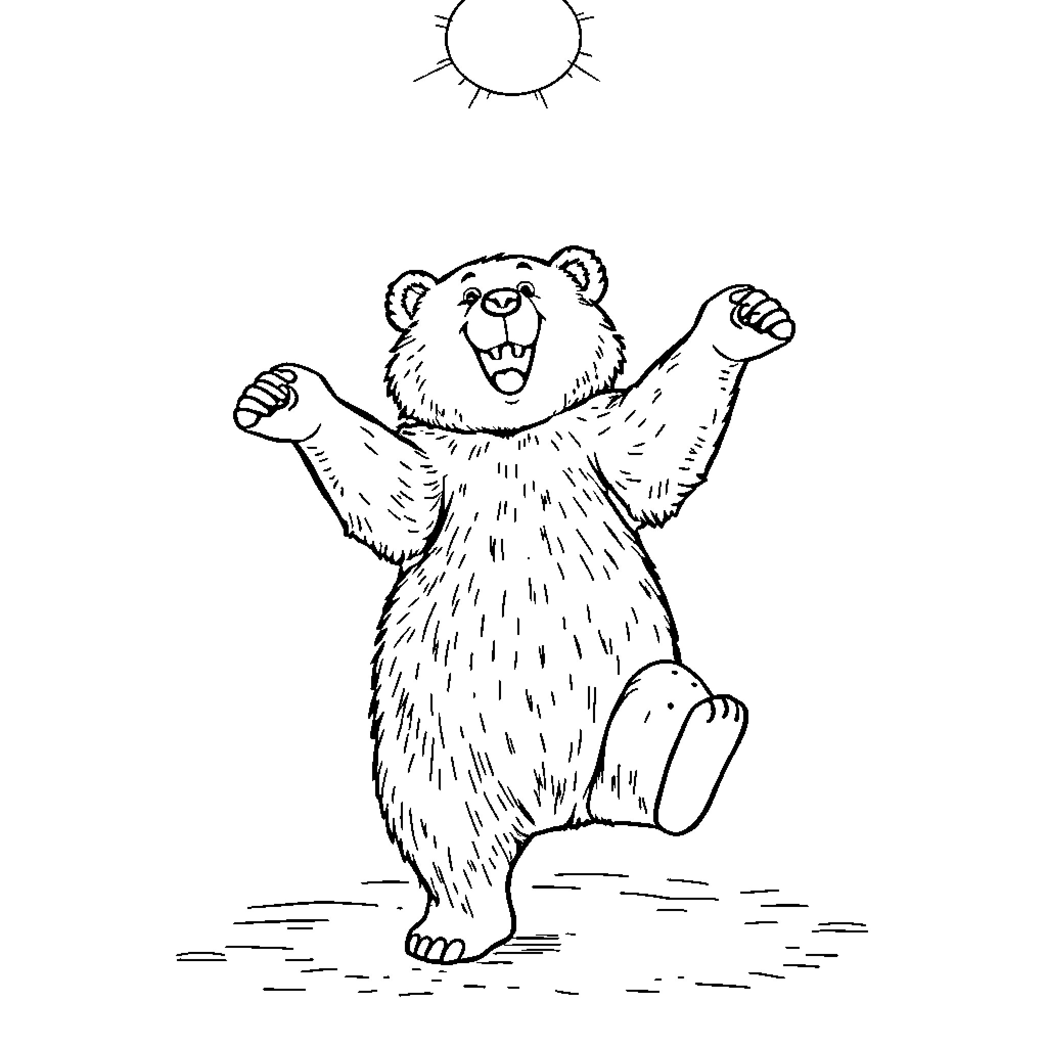Bear celebrating joyfully under the sun Coloring Page (free black-and-white line drawing printable PDF for all, from beginners to advanced learners, including children, teens, adults, and seniors)