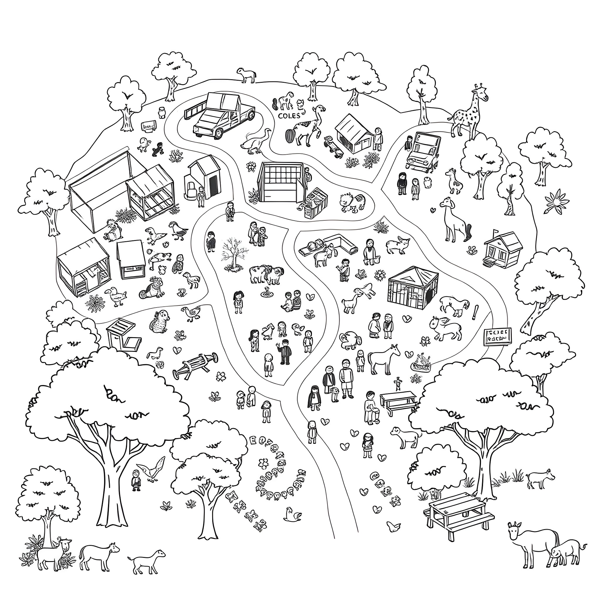 Zoo with diverse animal exhibits and visitors Coloring Page (free black-and-white line drawing printable PDF for all, from beginners to advanced learners, including children, teens, adults, and seniors)