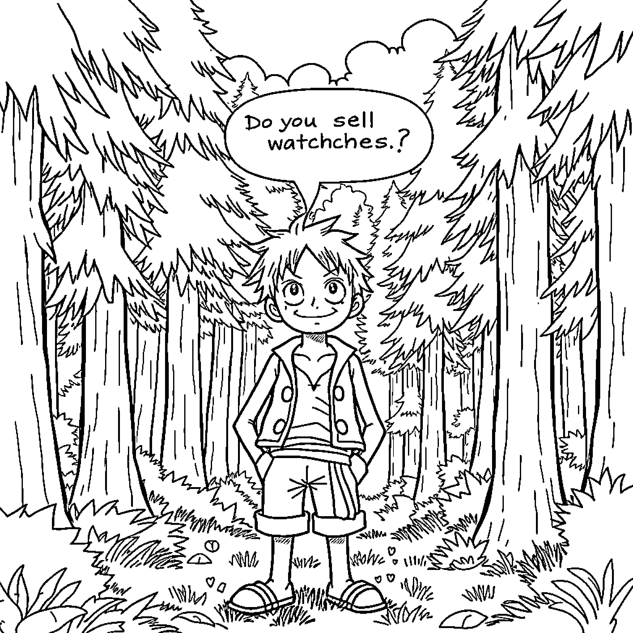 Luffy's Quest: Do You Sell Watchches? Coloring Page (free black-and-white line drawing printable PDF for all, from beginners to advanced learners, including children, teens, adults, and seniors)
