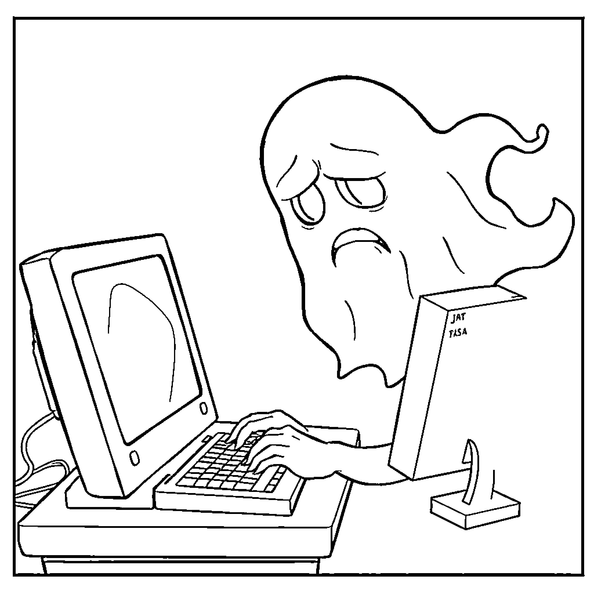 Ghost frustrated with computer issues Coloring Page (free black-and-white line drawing printable PDF for all, from beginners to advanced learners, including children, teens, adults, and seniors)