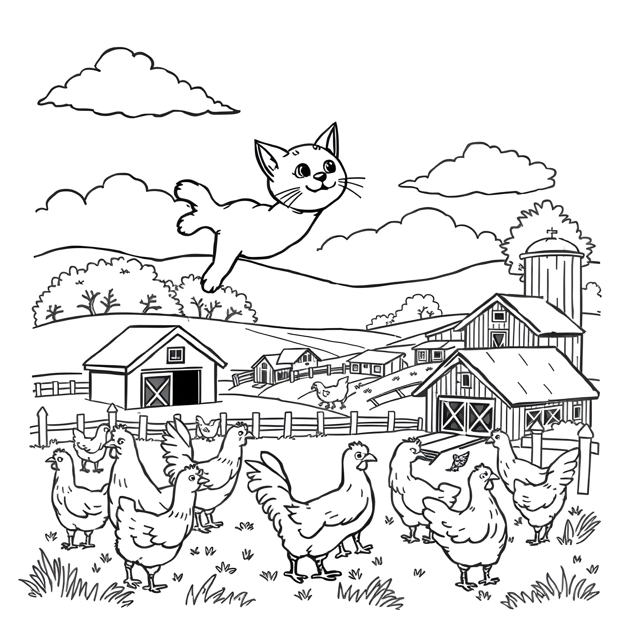 Cat frolicking in the countryside Coloring Page (free black-and-white line drawing printable PDF for all, from beginners to advanced learners, including children, teens, adults, and seniors)