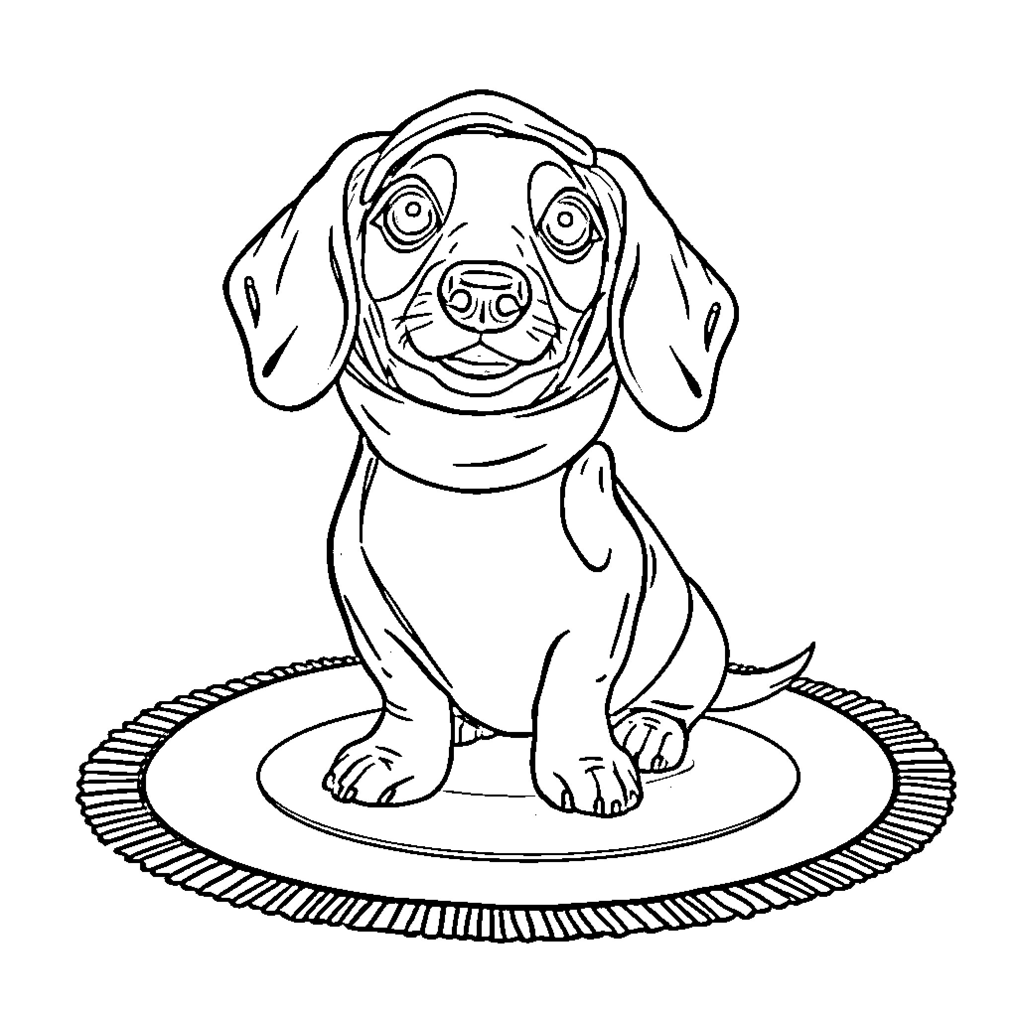 Dachshund pup sitting on patterned rug Coloring Page (free black-and-white line drawing printable PDF for all, from beginners to advanced learners, including children, teens, adults, and seniors)