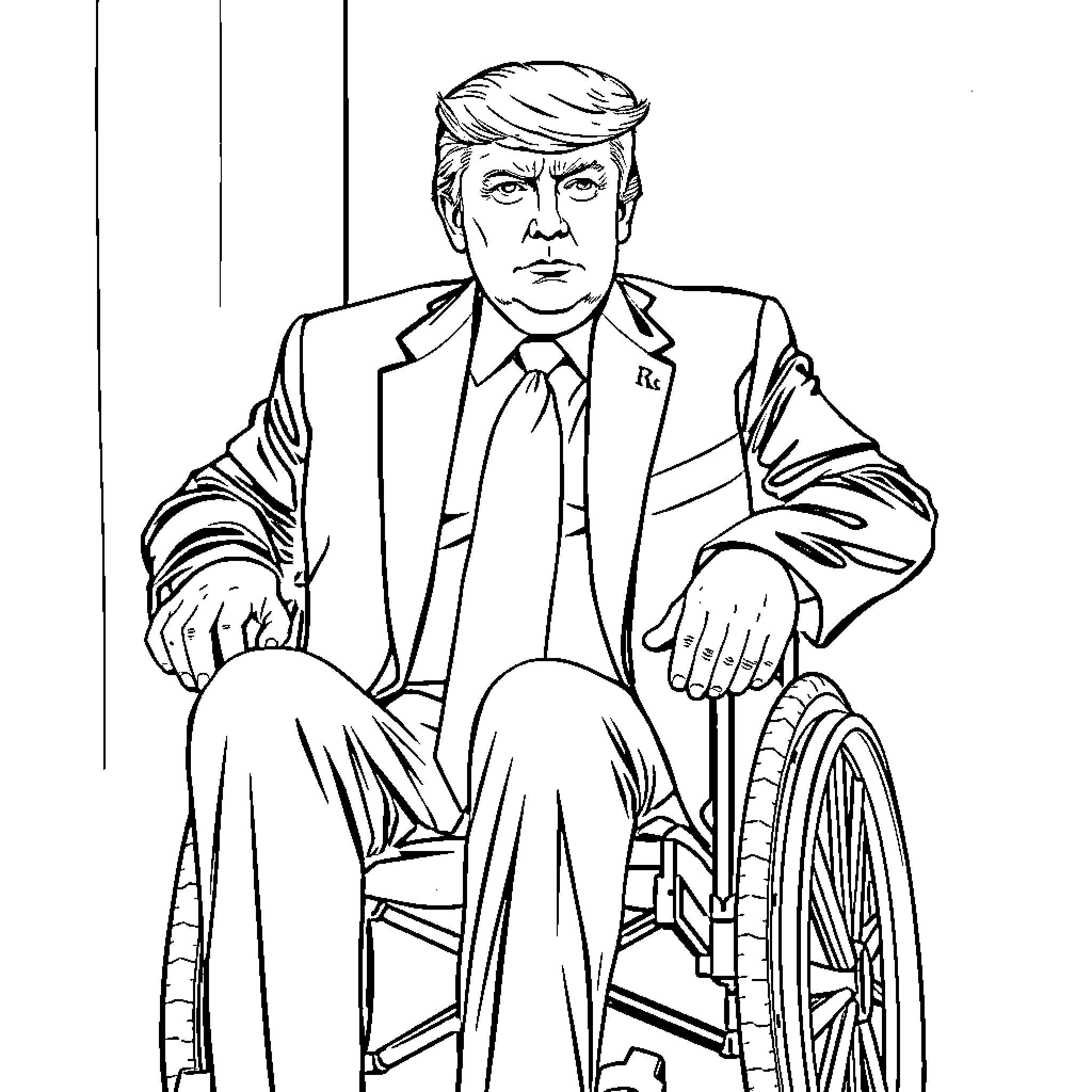 President Trump sitting in a wheelchair Coloring Page (free black-and-white line drawing printable PDF for all, from beginners to advanced learners, including children, teens, adults, and seniors)