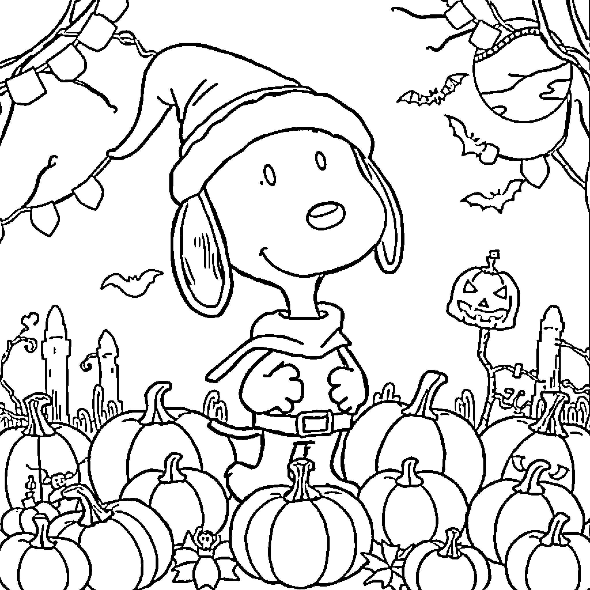 Snoopy enjoying a spooky Halloween scene Coloring Page (free black-and-white line drawing printable PDF for all, from beginners to advanced learners, including children, teens, adults, and seniors)