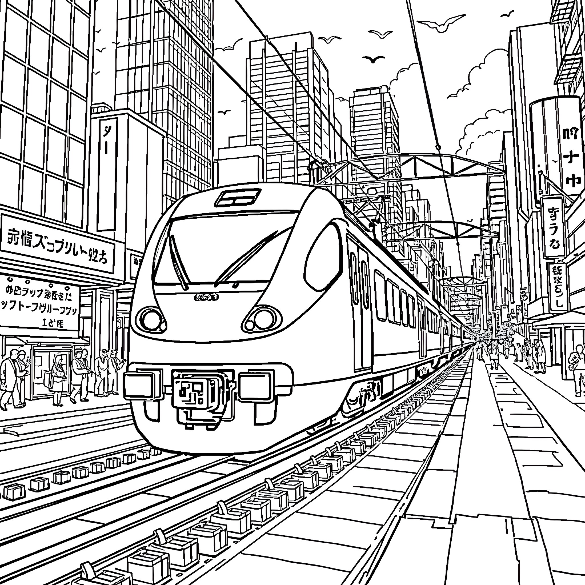 Train racing through a bustling city landscape Coloring Page (free black-and-white line drawing printable PDF for all, from beginners to advanced learners, including children, teens, adults, and seniors)