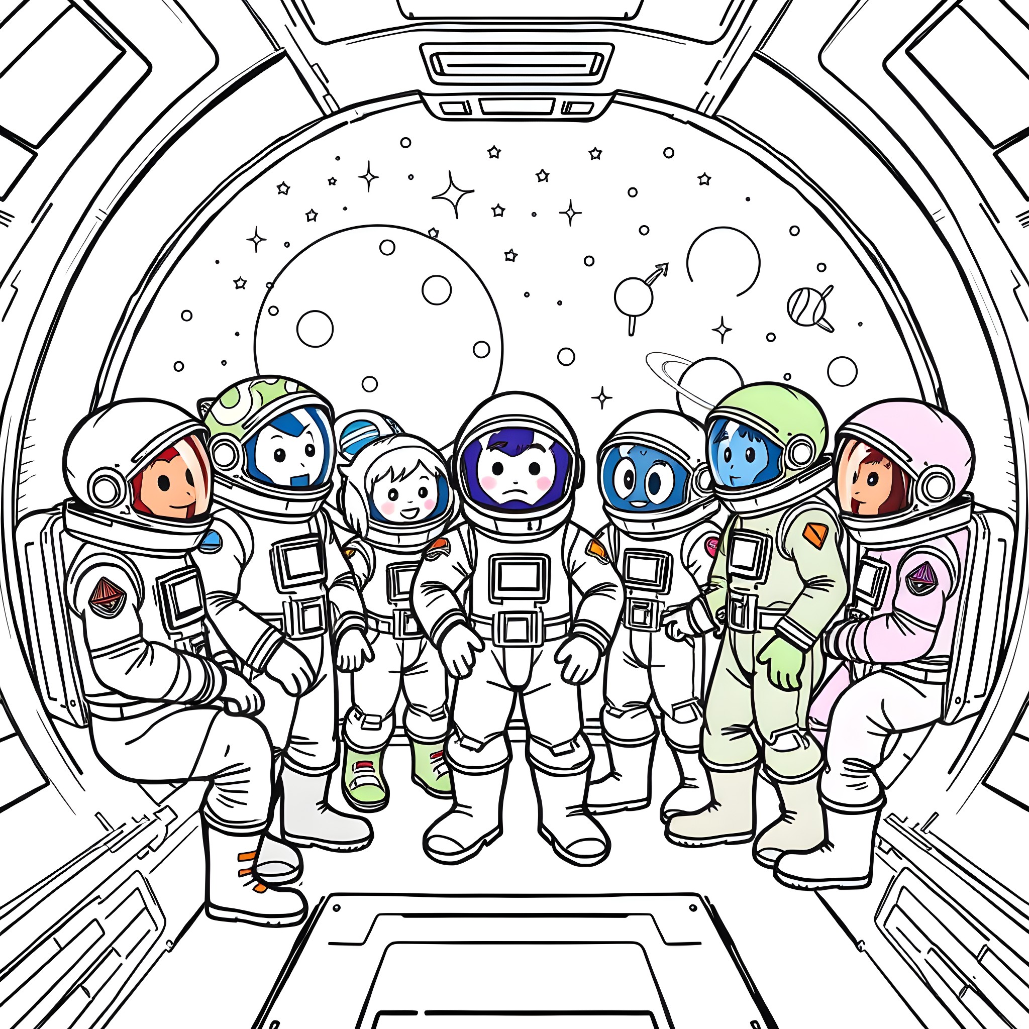 Among Us Astronauts Exploring the Cosmos Coloring Page (free black-and-white line drawing printable PDF for all, from beginners to advanced learners, including children, teens, adults, and seniors)