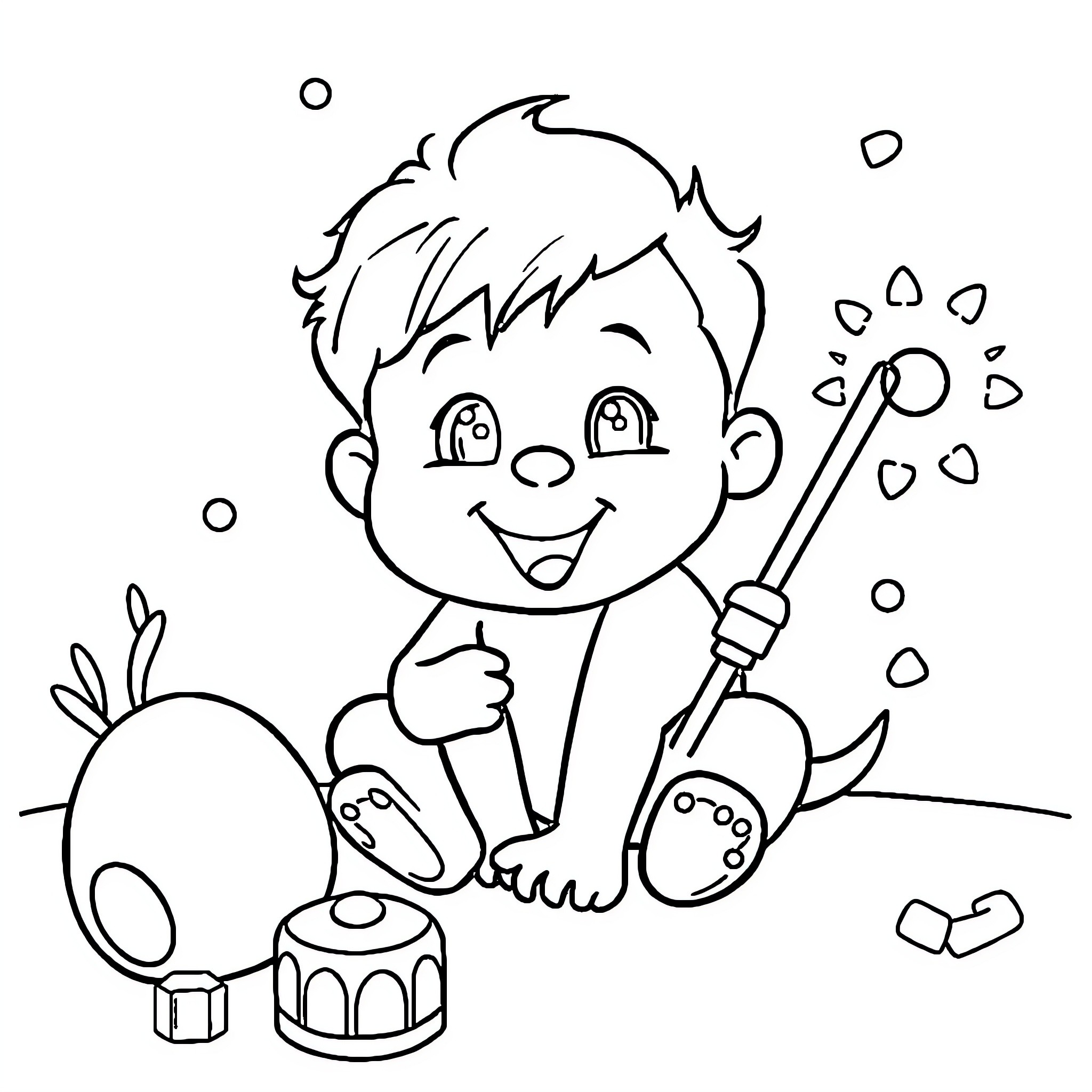 Activity of a cheerful boy playing with toys Coloring Page (free black-and-white line drawing printable PDF for all, from beginners to advanced learners, including children, teens, adults, and seniors)