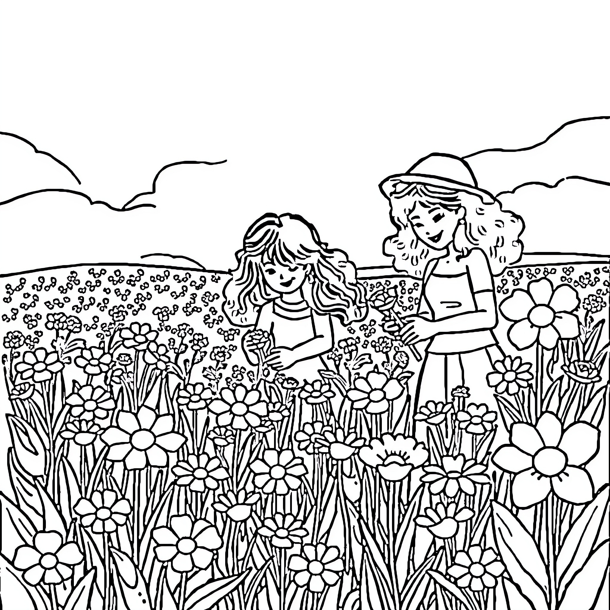 Person playing with friend in flower garden Coloring Page (free black-and-white line drawing printable PDF for all, from beginners to advanced learners, including children, teens, adults, and seniors)