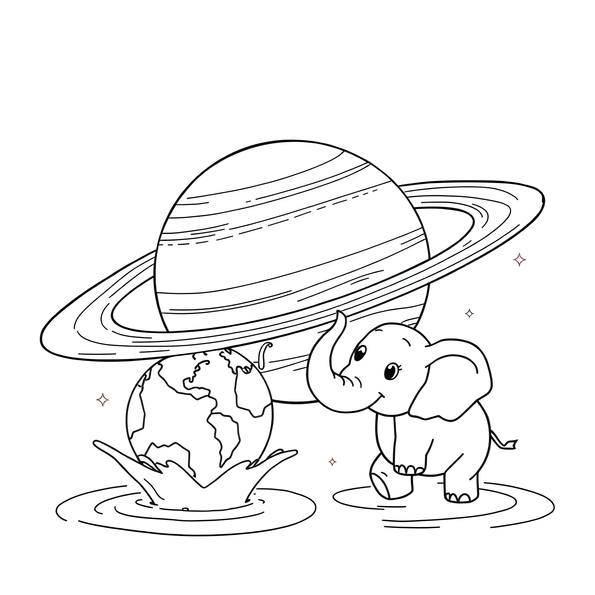 Saturn and cute elephant in space Coloring Page (free black-and-white line drawing printable PDF for all, from beginners to advanced learners, including children, teens, adults, and seniors)