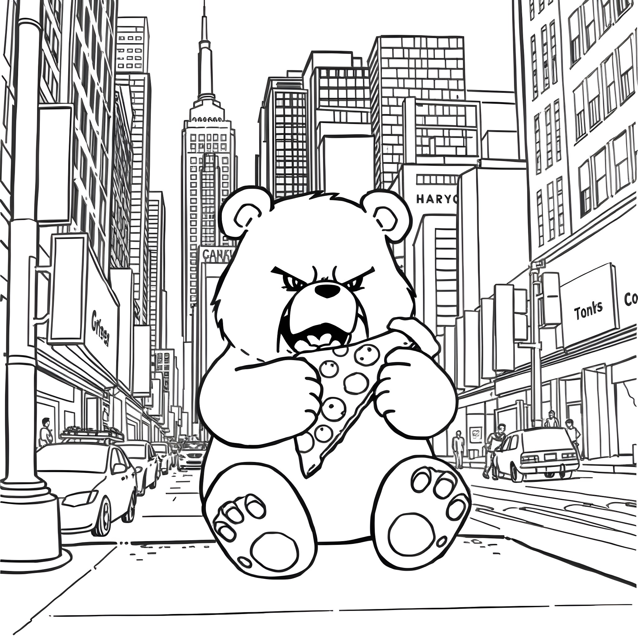 Carebear enjoying a slice of pizza in the city Coloring Page (free black-and-white line drawing printable PDF for all, from beginners to advanced learners, including children, teens, adults, and seniors)