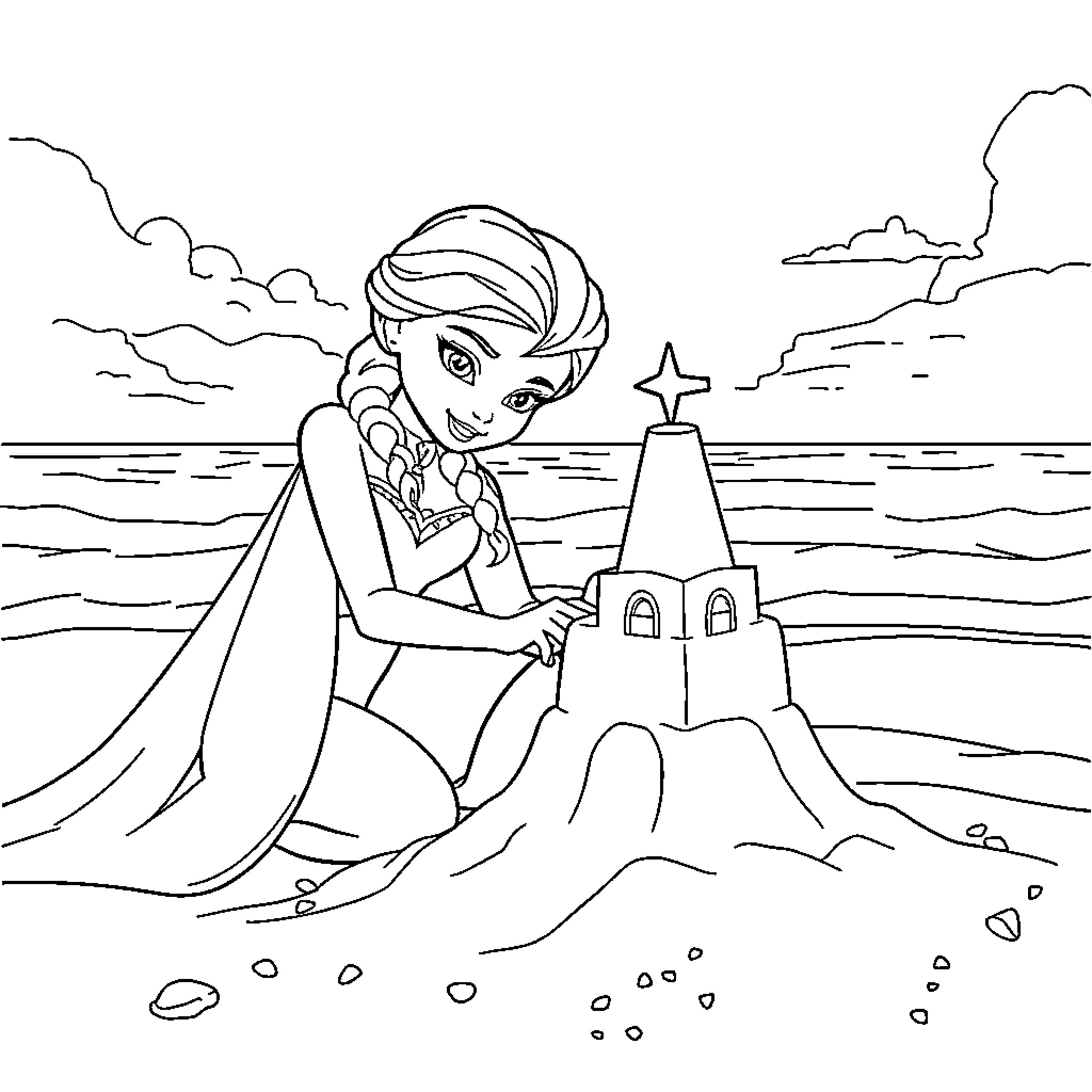 Elsa Enjoys a Day at the Beach Coloring Page (free black-and-white line drawing printable PDF for all, from beginners to advanced learners, including children, teens, adults, and seniors)