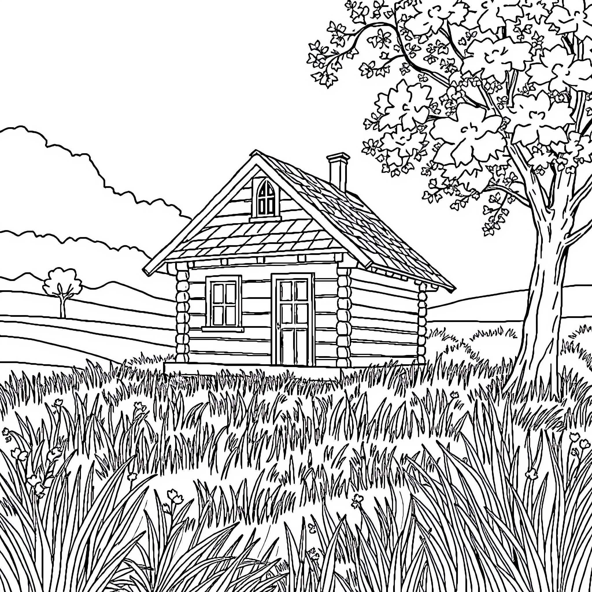 House in peaceful rural landscape Coloring Page (free black-and-white line drawing printable PDF for all, from beginners to advanced learners, including children, teens, adults, and seniors)