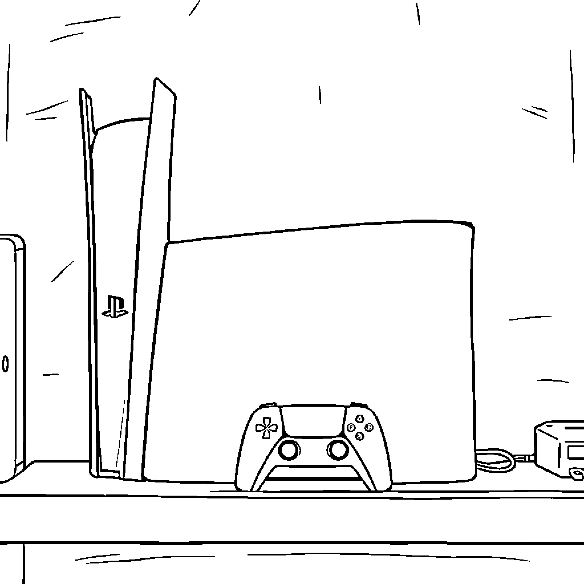PlayStation 5 gaming console setup with controller Coloring Page (free black-and-white line drawing printable PDF for all, from beginners to advanced learners, including children, teens, adults, and seniors)
