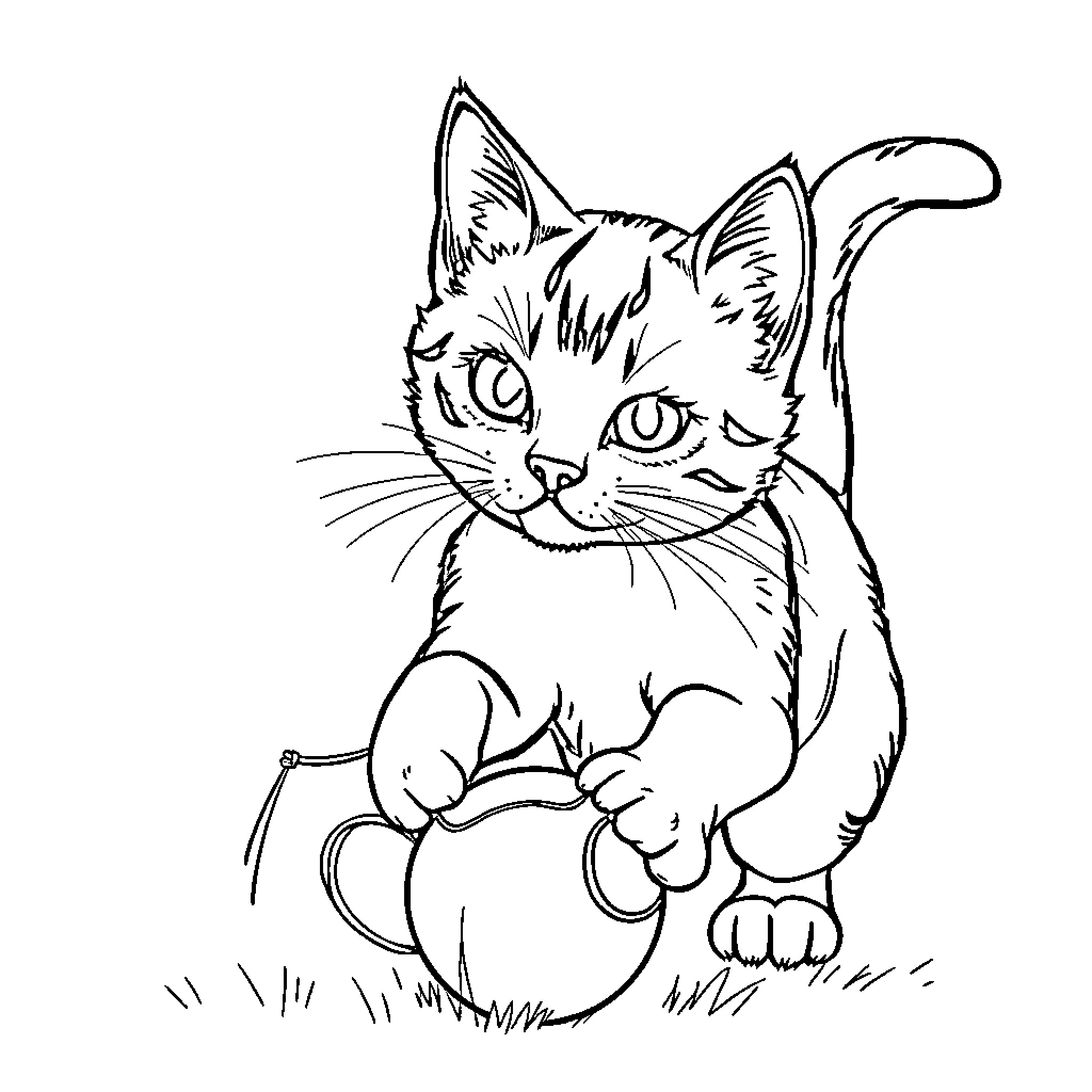 Gato playing with yarn on grassy ground Coloring Page (free black-and-white line drawing printable PDF for all, from beginners to advanced learners, including children, teens, adults, and seniors)