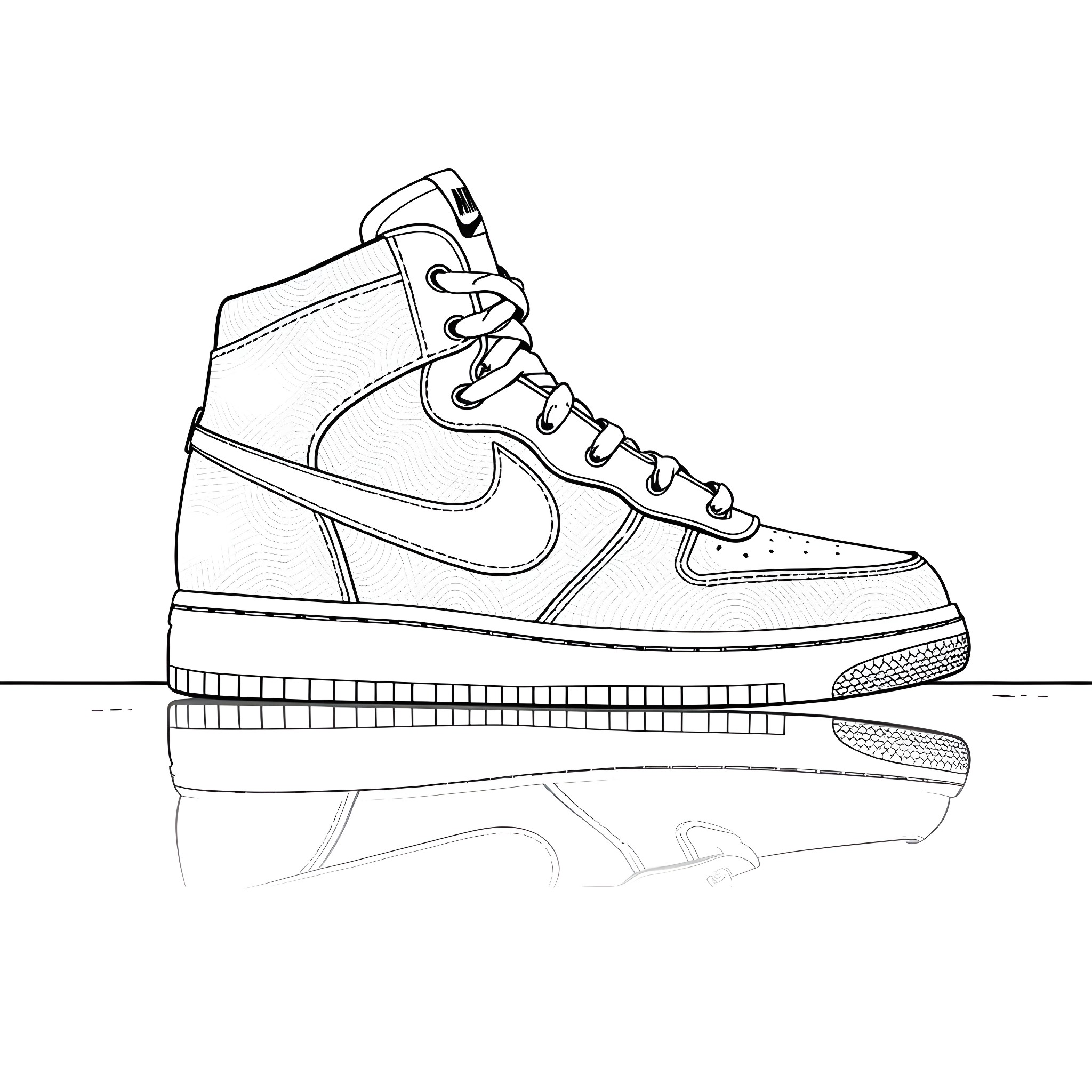 Nike Airforce One sneaker design Coloring Page (free black-and-white line drawing printable PDF for all, from beginners to advanced learners, including children, teens, adults, and seniors)