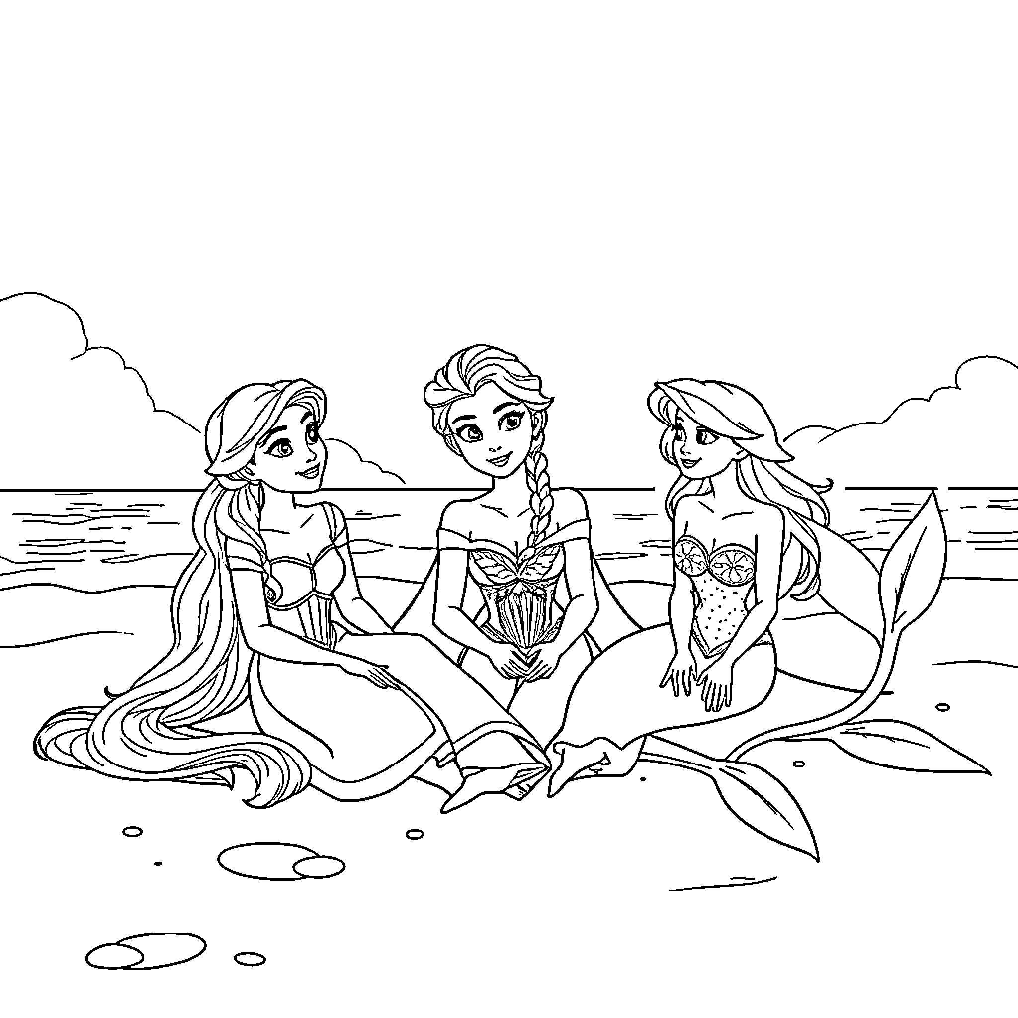 Princess Mermaids Enjoying the Seaside Coloring Page (free black-and-white line drawing printable PDF for all, from beginners to advanced learners, including children, teens, adults, and seniors)