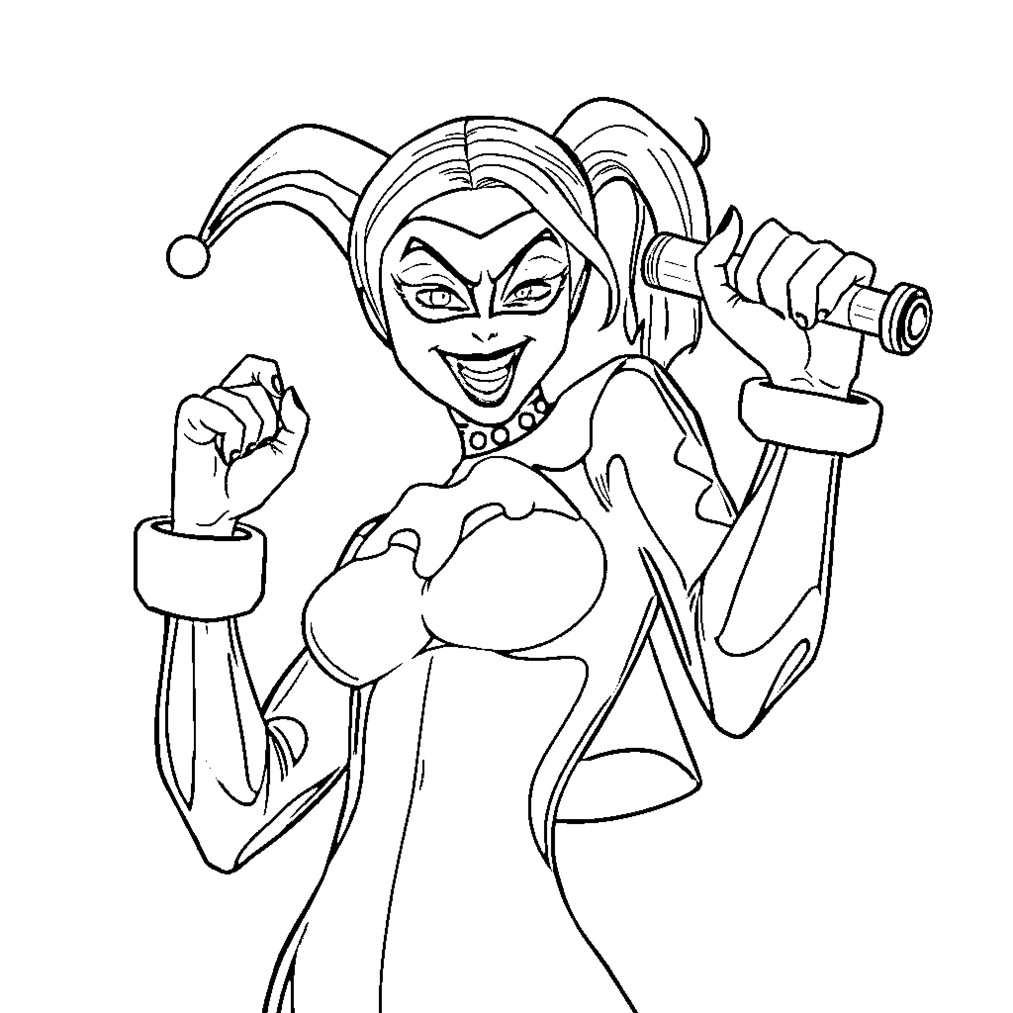 Harley Quinn in an energetic and mischievous pose Coloring Page (free black-and-white line drawing printable PDF for all, from beginners to advanced learners, including children, teens, adults, and seniors)