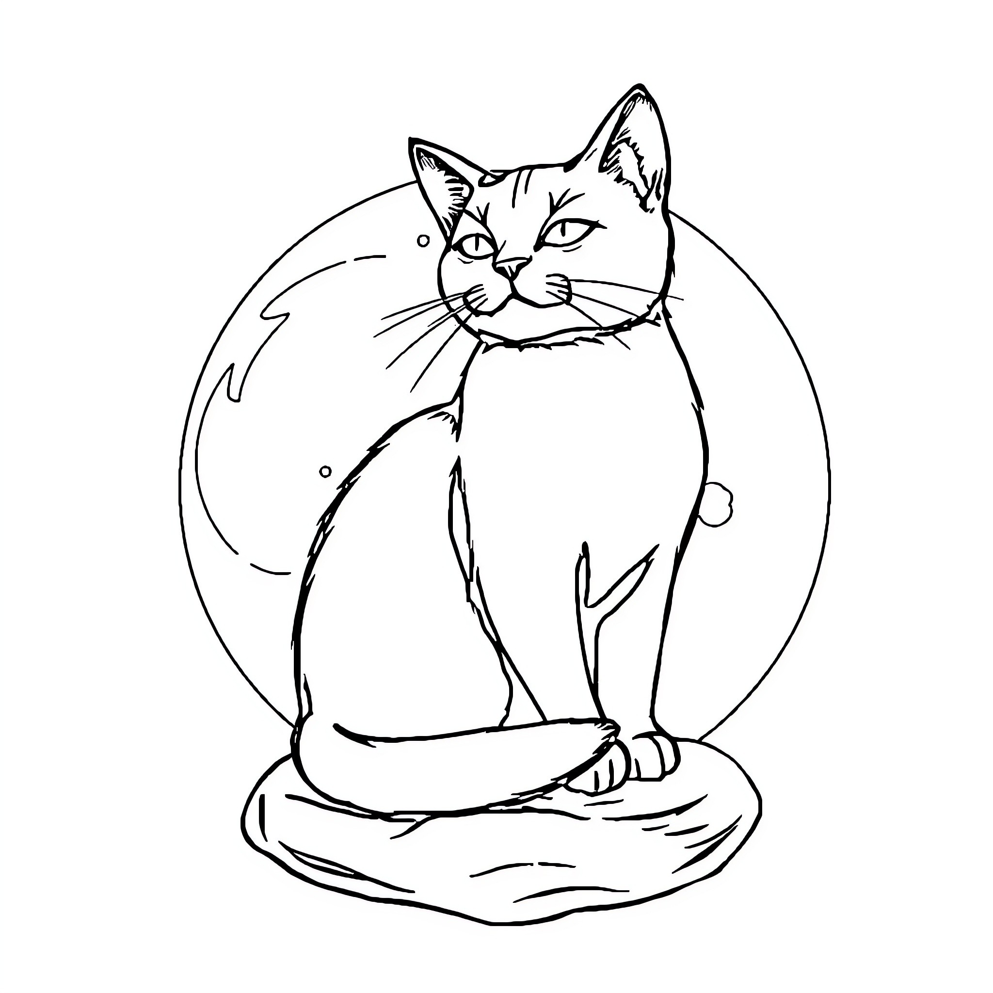 Cat sitting calmly in a simple outline illustration Coloring Page (free black-and-white line drawing printable PDF for all, from beginners to advanced learners, including children, teens, adults, and seniors)