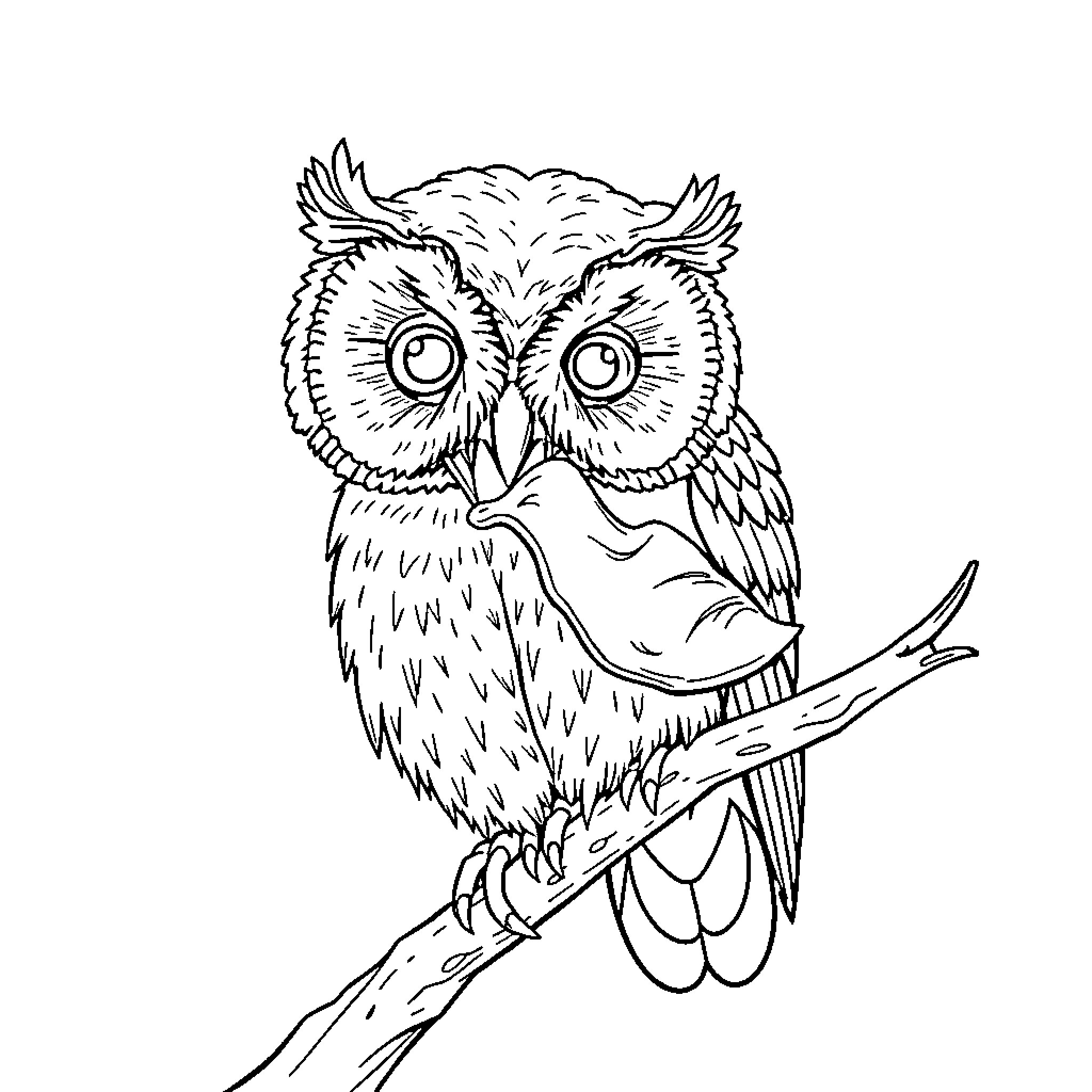 Owl perched on a branch with curious expression Coloring Page (free black-and-white line drawing printable PDF for all, from beginners to advanced learners, including children, teens, adults, and seniors)