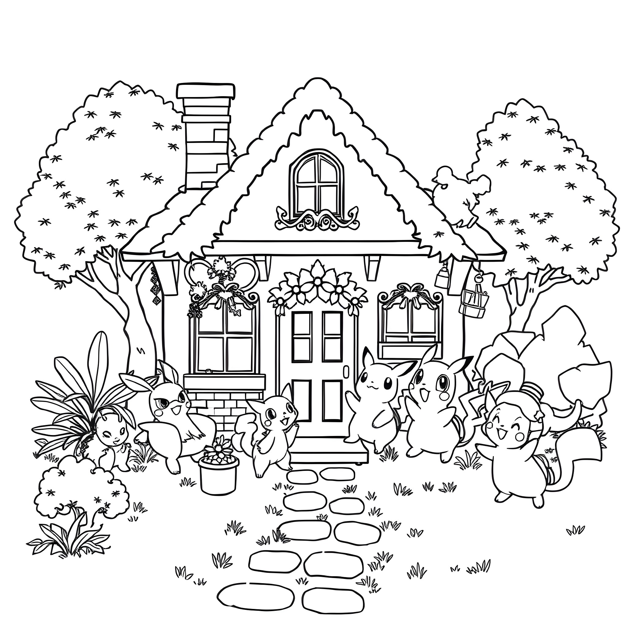 House with playful Pokemon characters in the garden Coloring Page (free black-and-white line drawing printable PDF for all, from beginners to advanced learners, including children, teens, adults, and seniors)