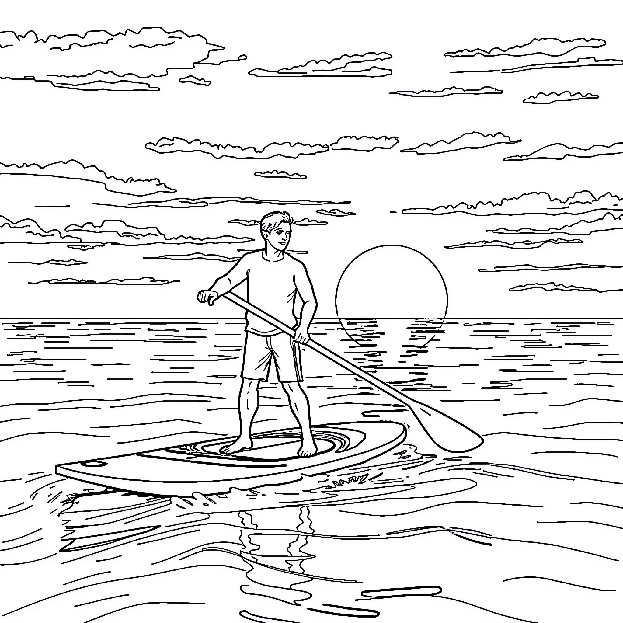 Paddle Boarding during Sunset on the Water Coloring Page (free black-and-white line drawing printable PDF for all, from beginners to advanced learners, including children, teens, adults, and seniors)