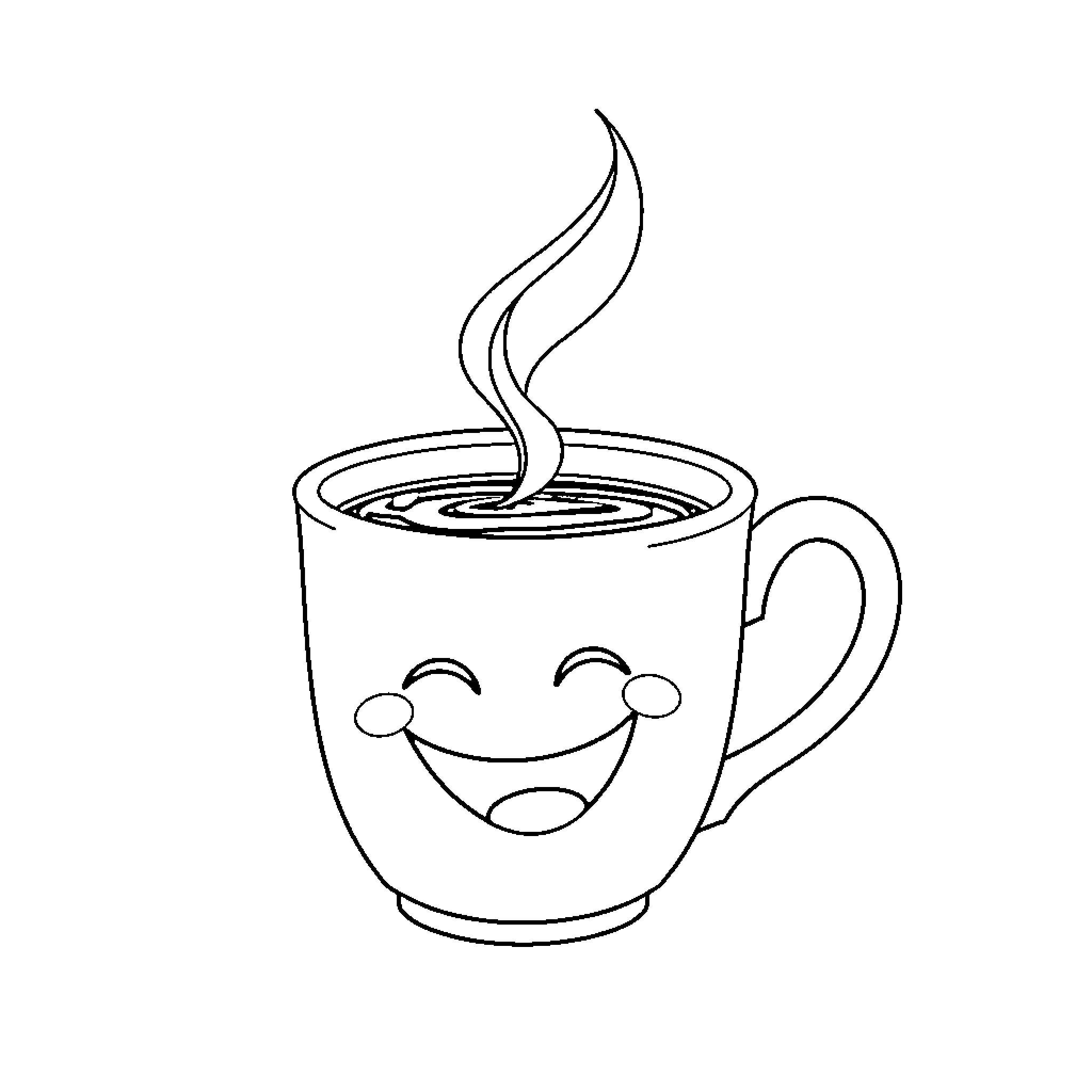 Coffee cup with a happy expression Coloring Page (free black-and-white line drawing printable PDF for all, from beginners to advanced learners, including children, teens, adults, and seniors)