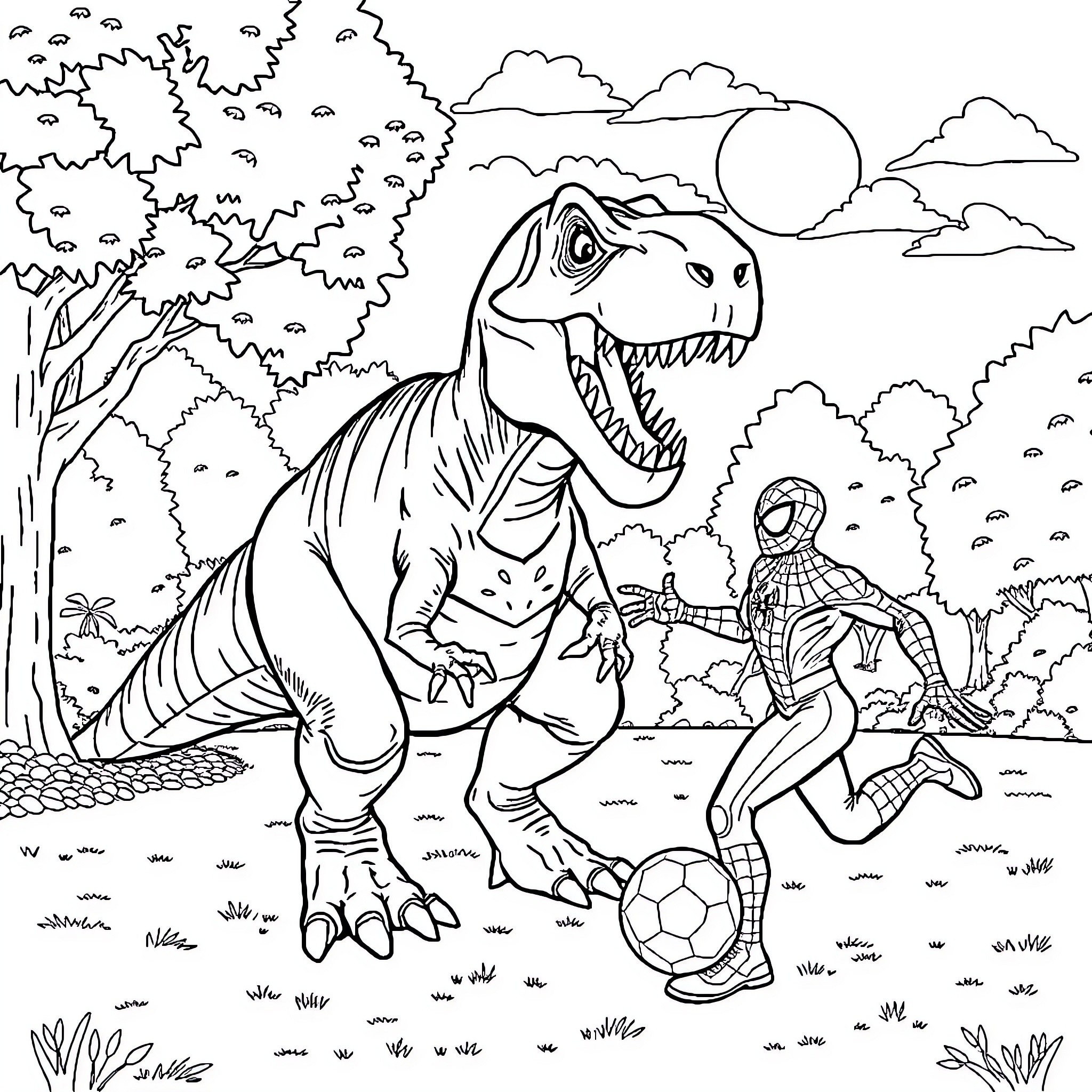 Tyrannosaurus plays soccer with a superhero Coloring Page (free black-and-white line drawing printable PDF for all, from beginners to advanced learners, including children, teens, adults, and seniors)