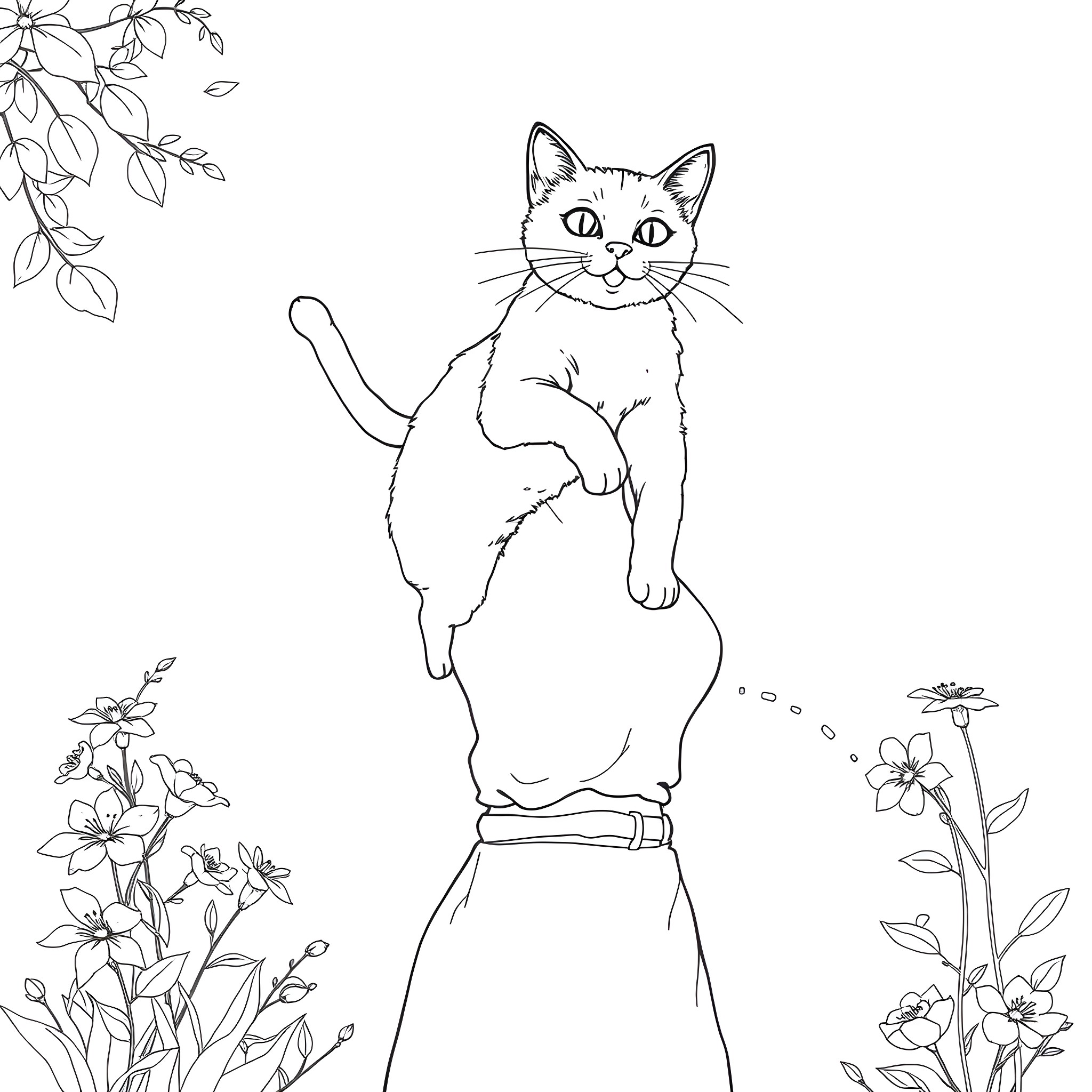 Cat standing amidst flowers in a garden Coloring Page (free black-and-white line drawing printable PDF for all, from beginners to advanced learners, including children, teens, adults, and seniors)