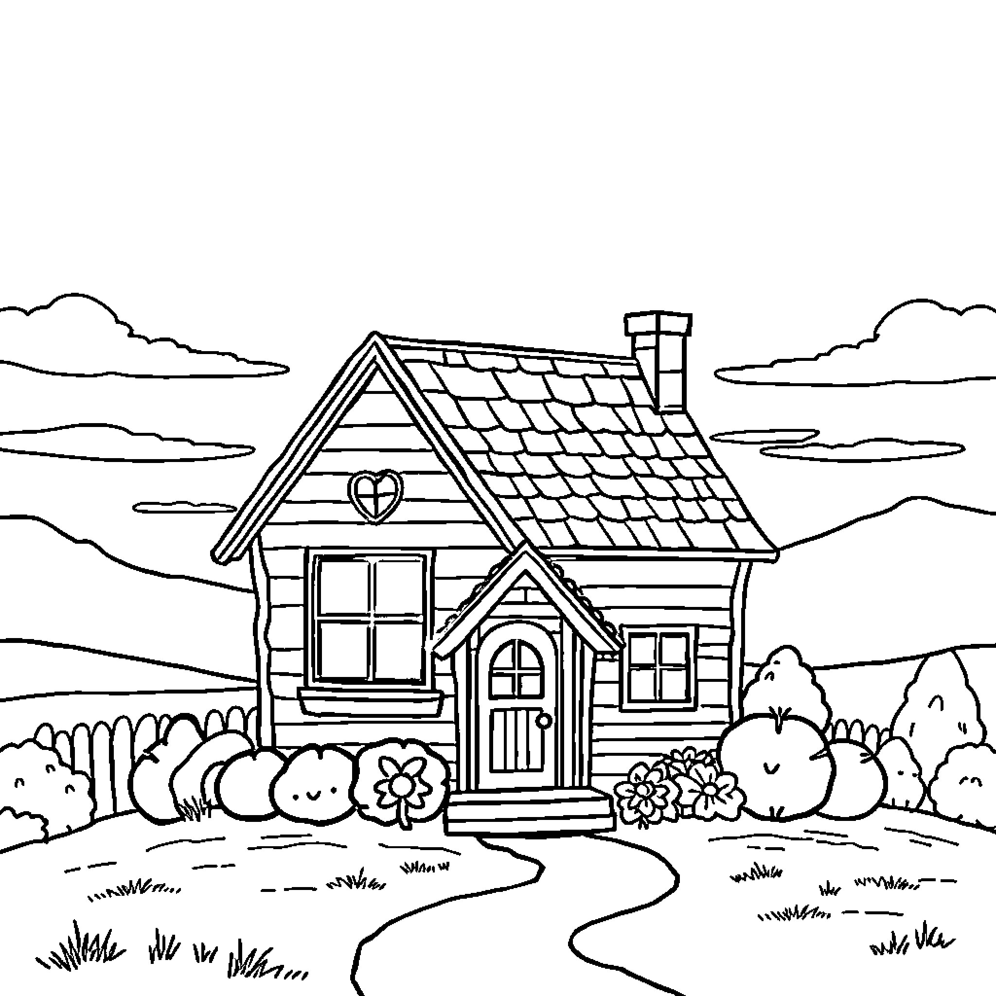 Sun shining on cozy cottage in rural landscape Coloring Page (free black-and-white line drawing printable PDF for all, from beginners to advanced learners, including children, teens, adults, and seniors)