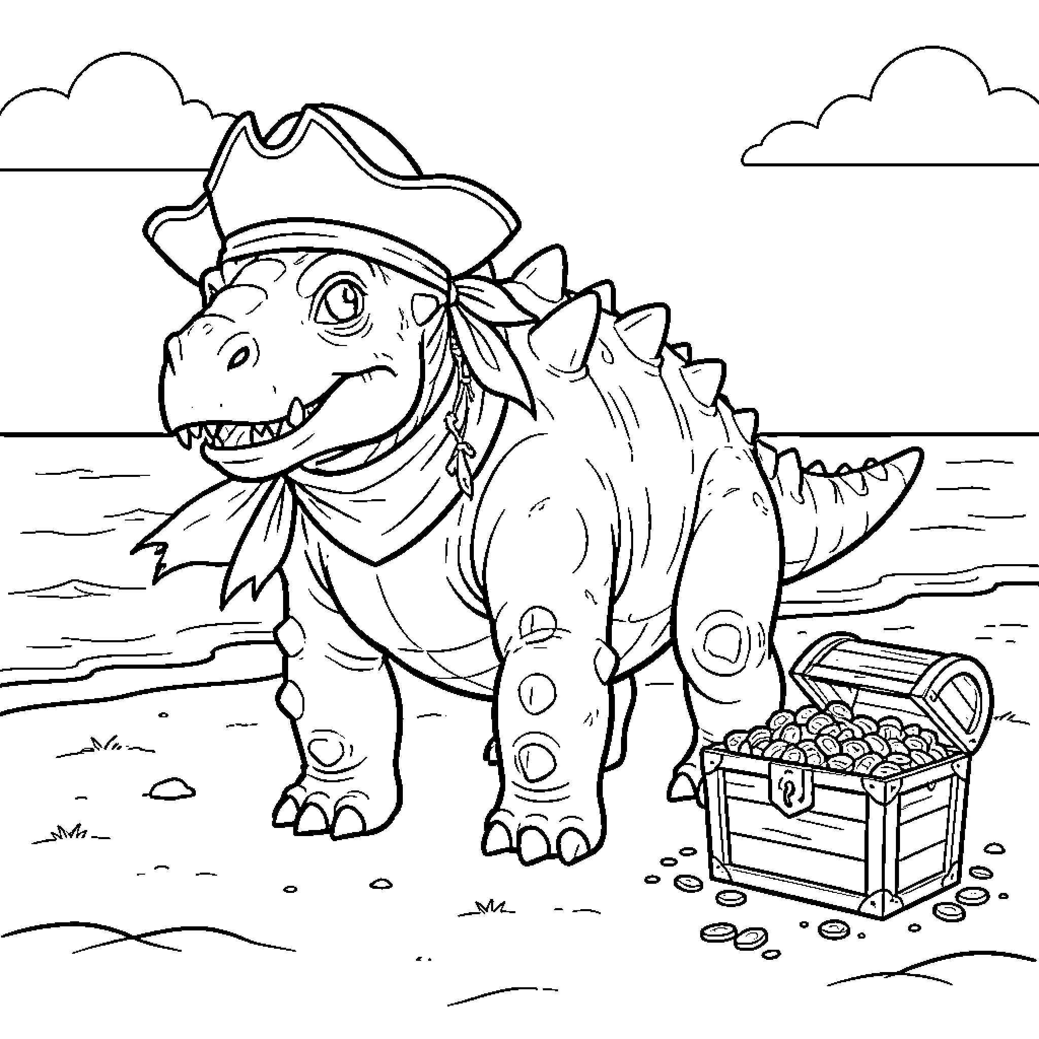 Ankylosaurus dressed as a pirate finding treasure Coloring Page (free black-and-white line drawing printable PDF for all, from beginners to advanced learners, including children, teens, adults, and seniors)