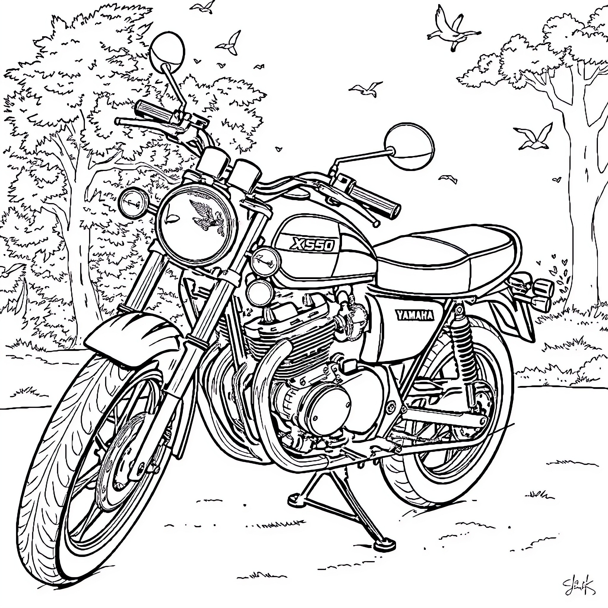 Yamaha XS650 Motorcycle Riding in Nature Coloring Page (free black-and-white line drawing printable PDF for all, from beginners to advanced learners, including children, teens, adults, and seniors)