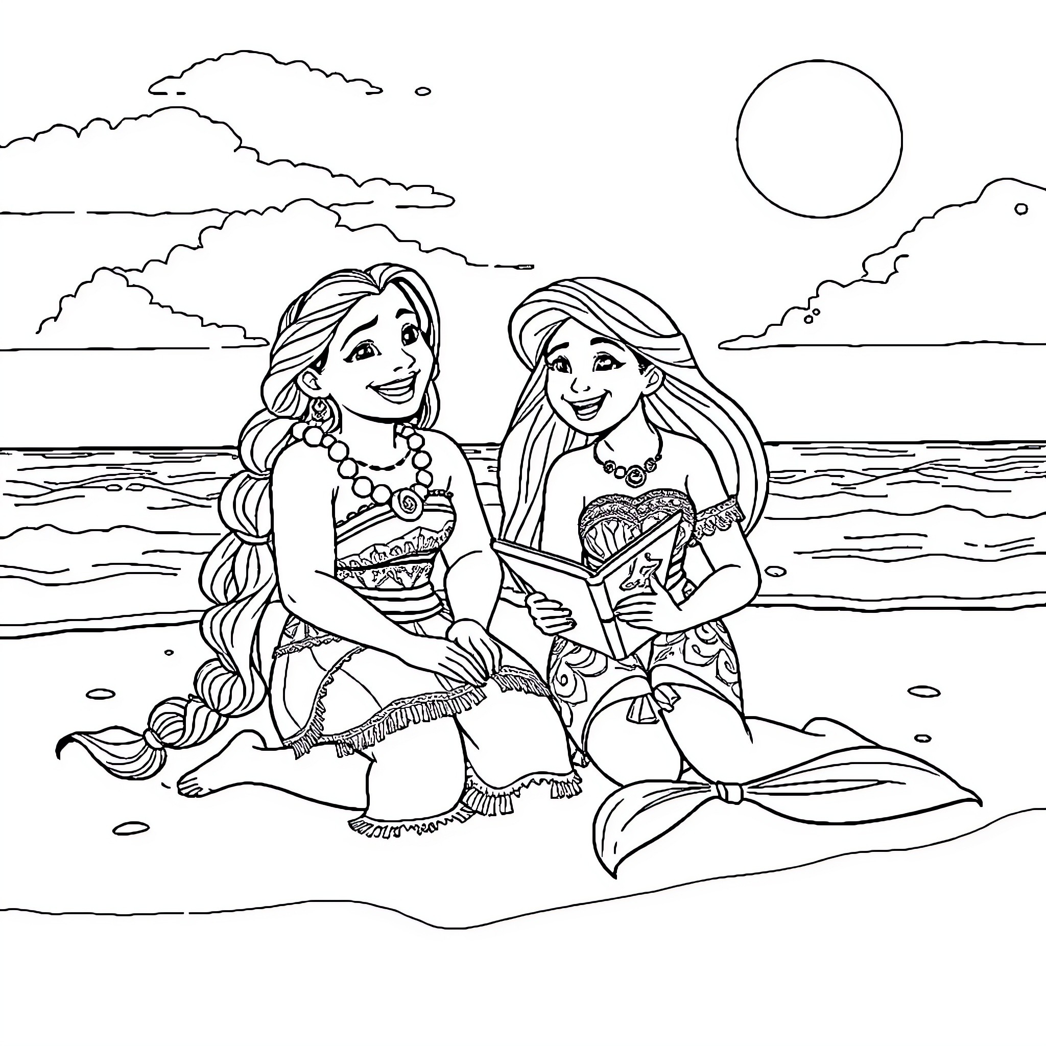 Moana and her friend explore the ocean together Coloring Page (free black-and-white line drawing printable PDF for all, from beginners to advanced learners, including children, teens, adults, and seniors)