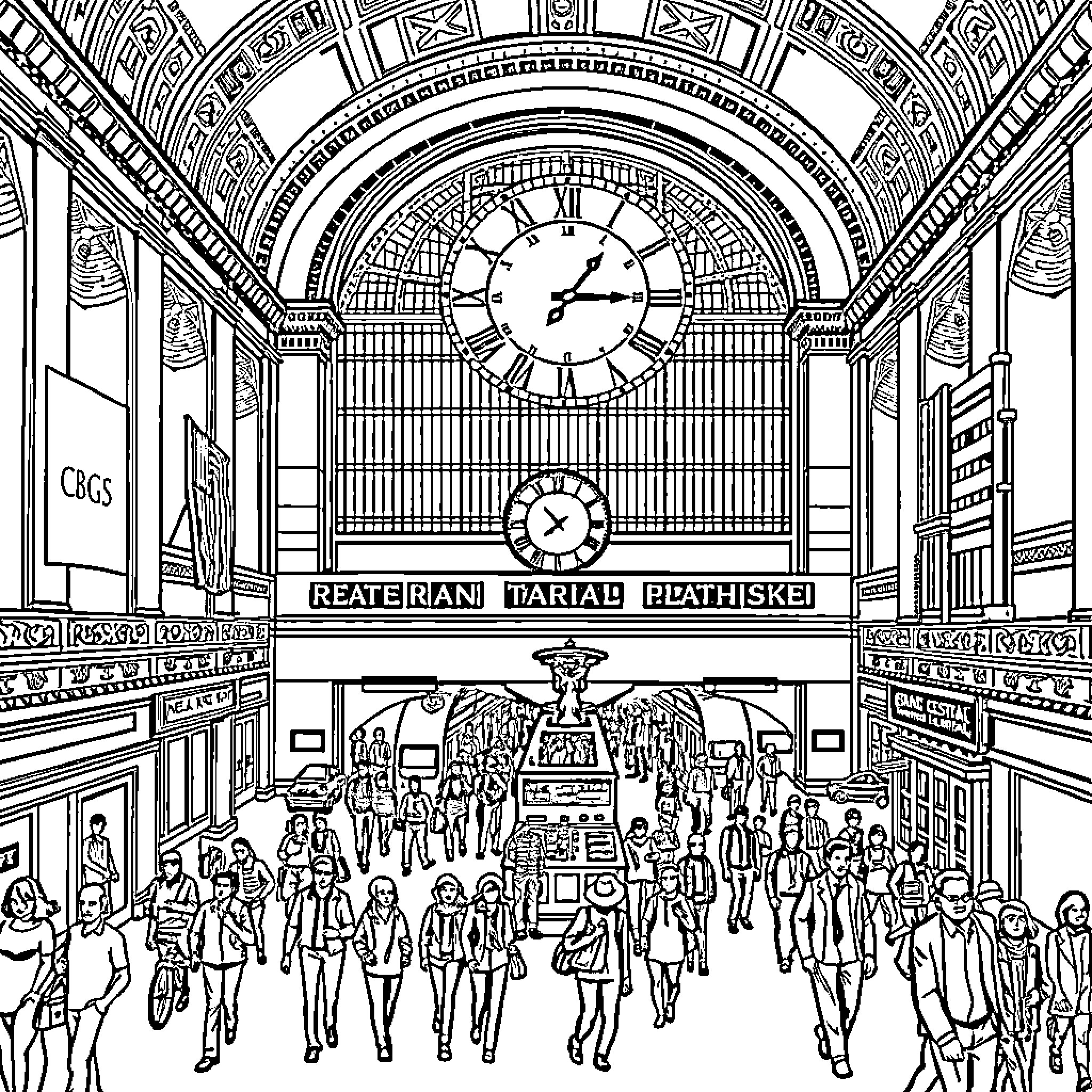 Grand Central Terminal bustling with commuters and activity Coloring Page (free black-and-white line drawing printable PDF for all, from beginners to advanced learners, including children, teens, adults, and seniors)